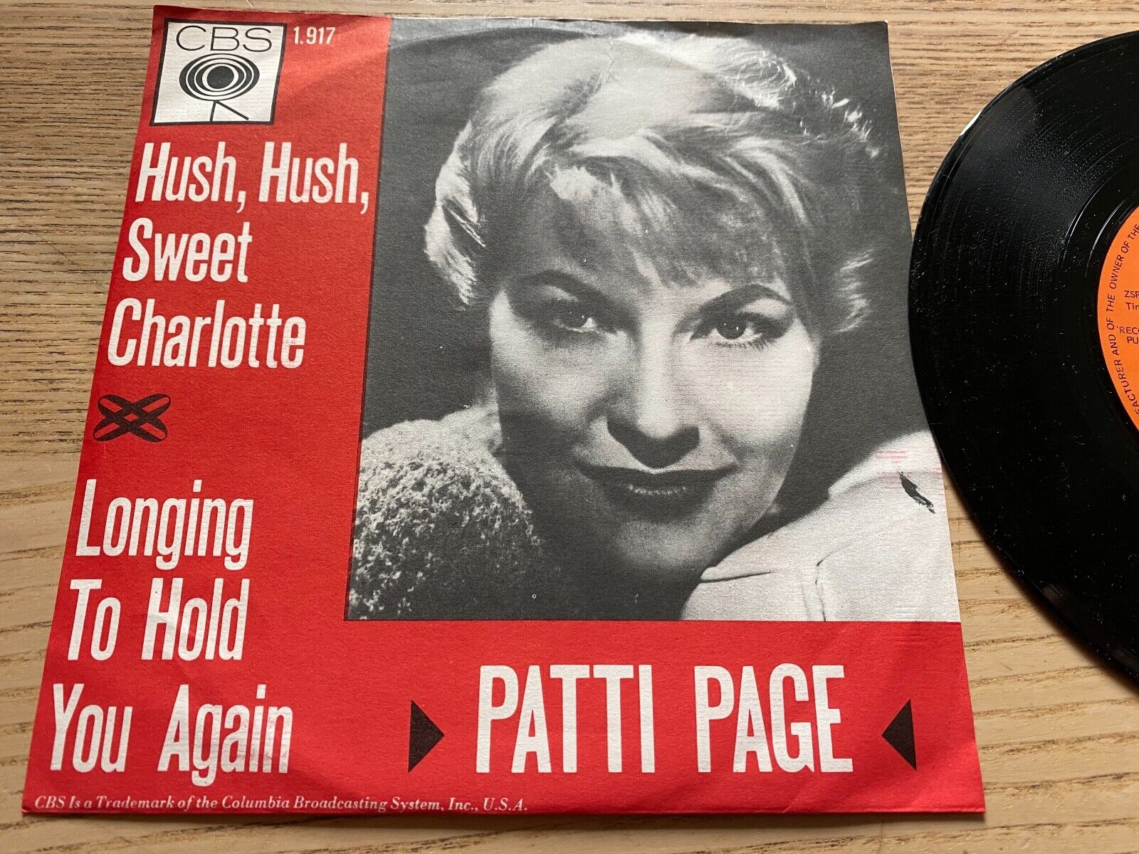 PATTI PAGE "HUST HUSH SWEET CHARLOTTE/LONGING TO HOLD YOU AGAIN" CBS RECORDS 7