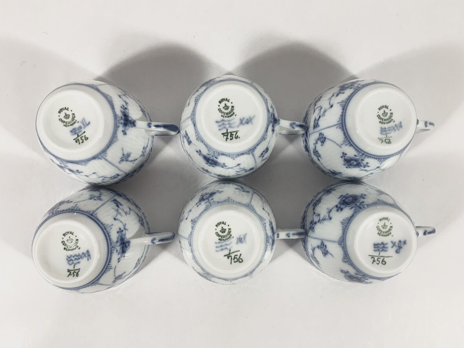 6x Royal Copenhagen Blue Fluted Half Lac 756 Coffee Cups  Saucers