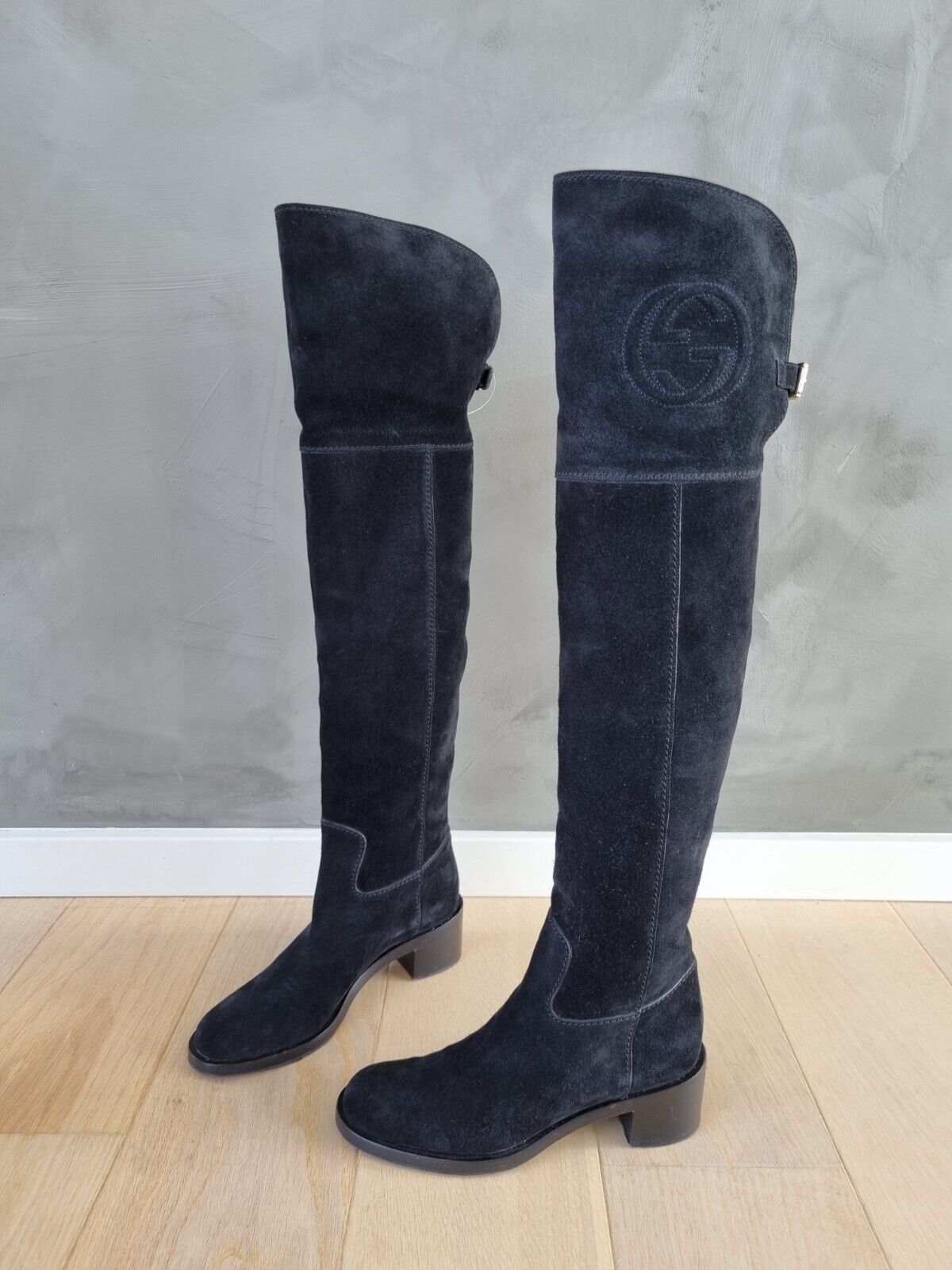 **GUCCI** Black Suede Knee High Logo Boots Size 36