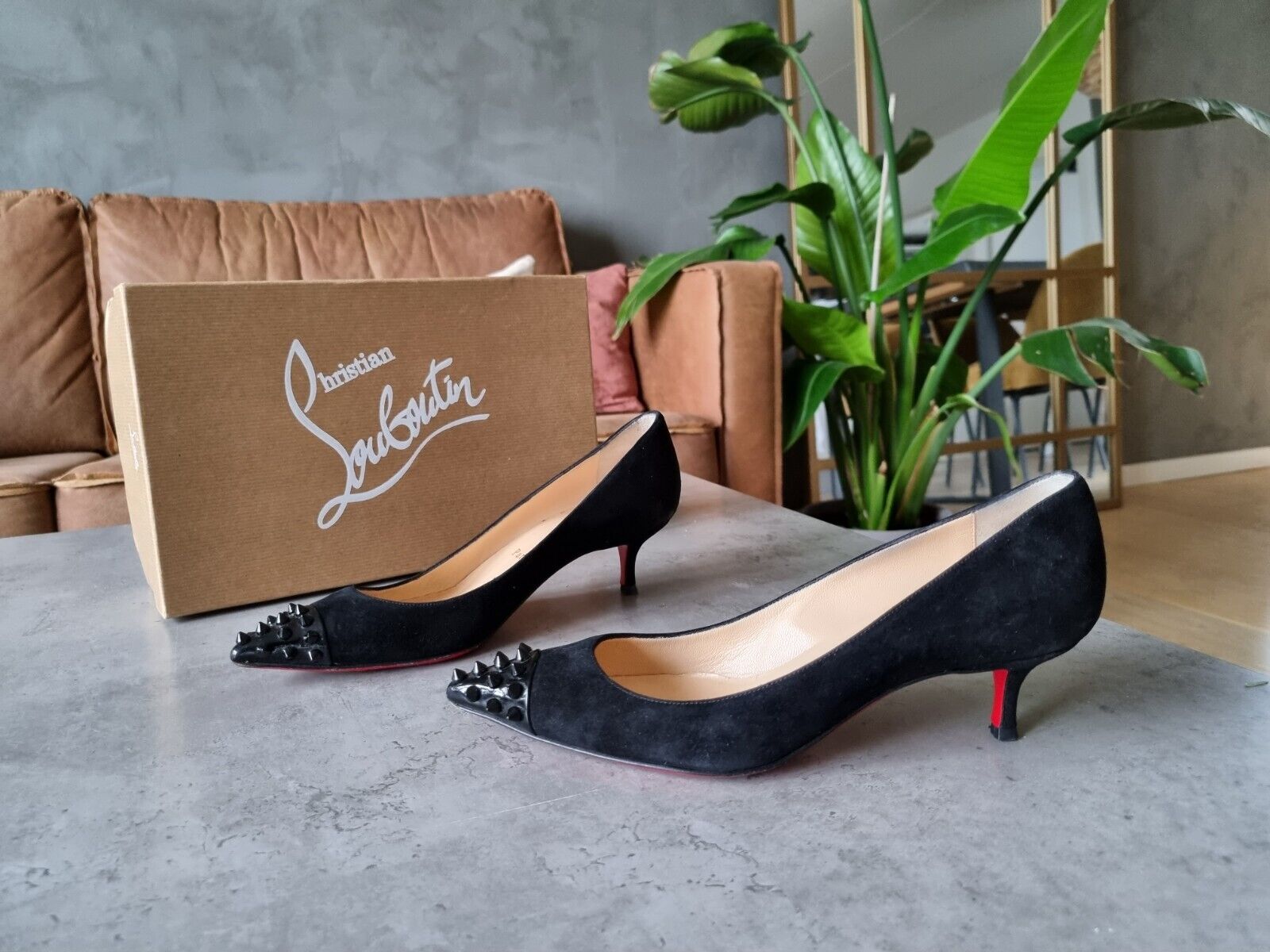 **Christian Louboutin** Black Suede Geo Pump Kitten Heels Sz 37