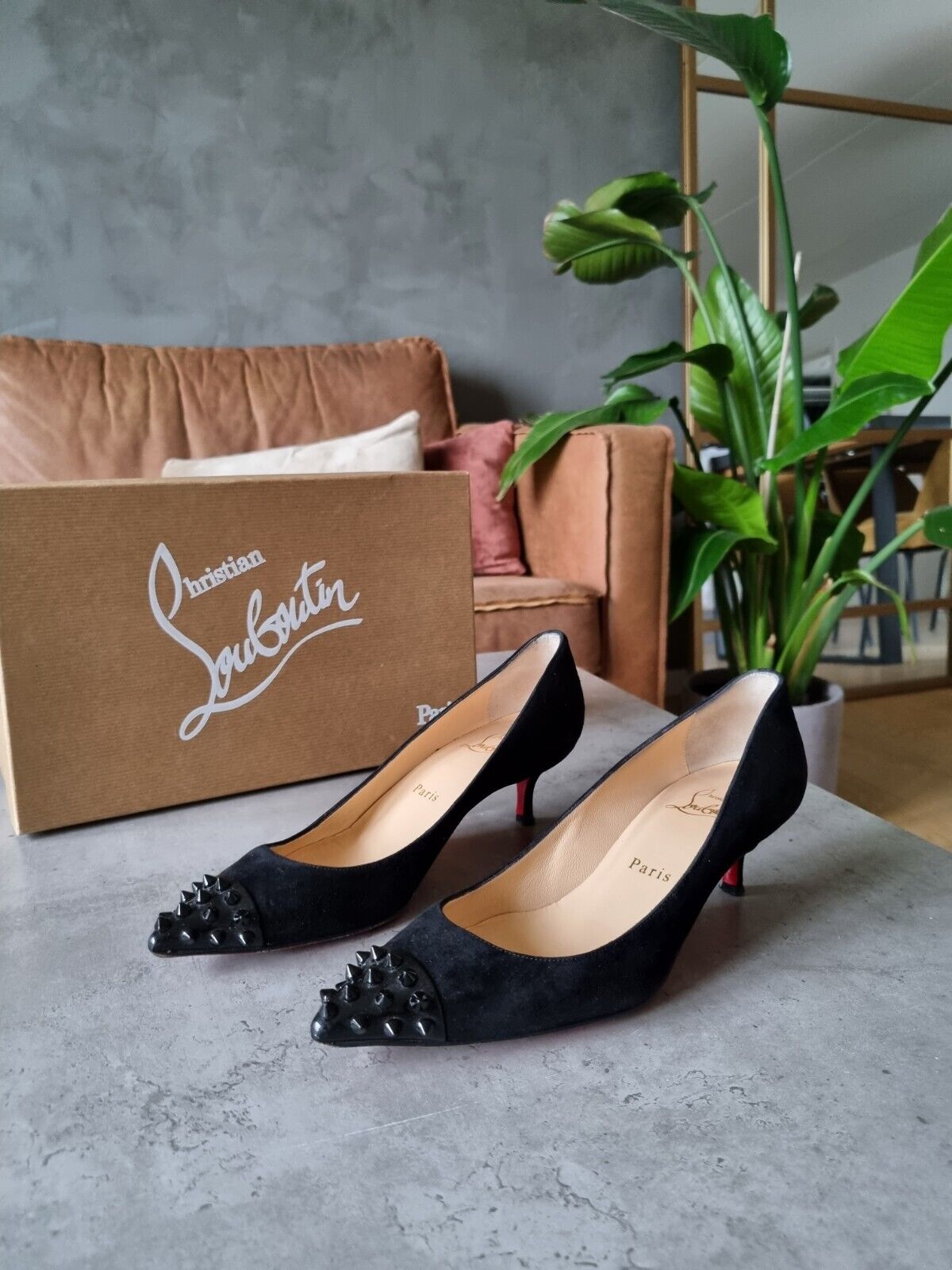 **Christian Louboutin** Black Suede Geo Pump Kitten Heels Sz 37