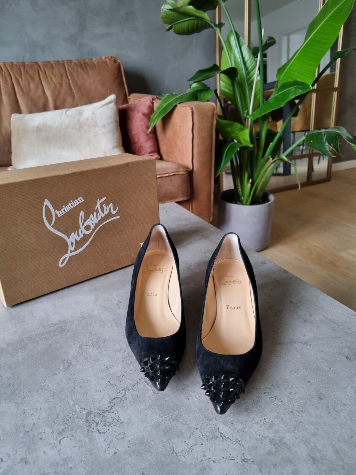 **Christian Louboutin** Black Suede Geo Pump Kitten Heels Sz 37