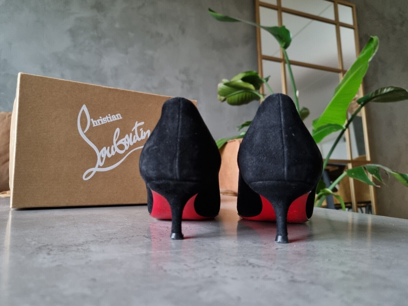 **Christian Louboutin** Black Suede Geo Pump Kitten Heels Sz 37