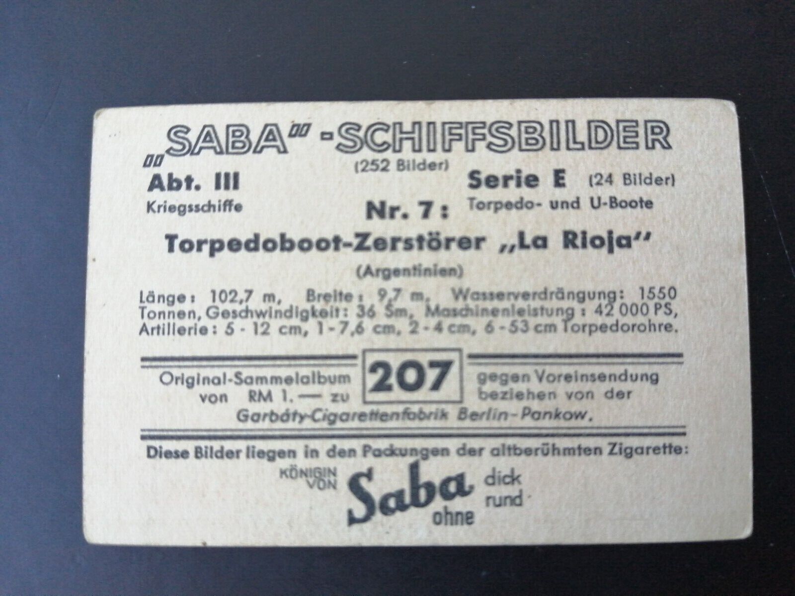 German SABA tobacco ship trading card 1931-33No 207 "La Rioja" Argentina