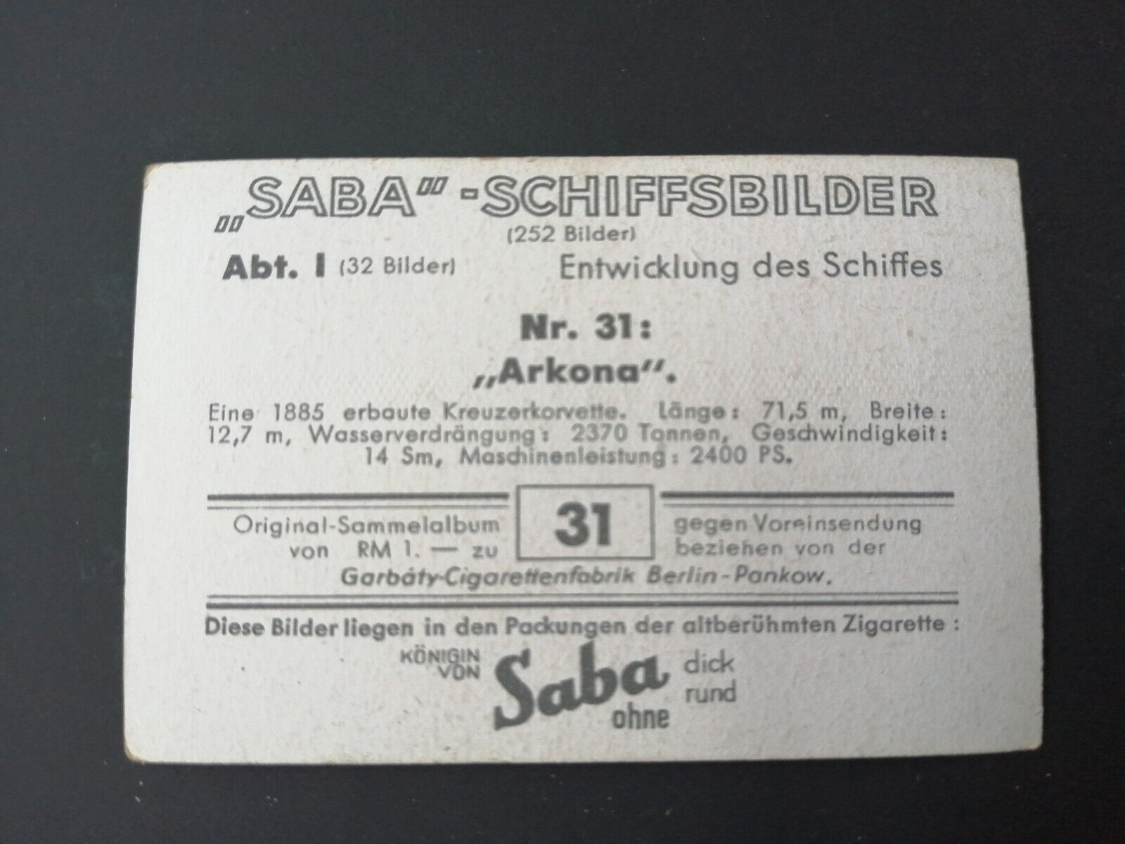 German SABA tobacco ship trading card from 1931-33No 31 "Arkona" 1885