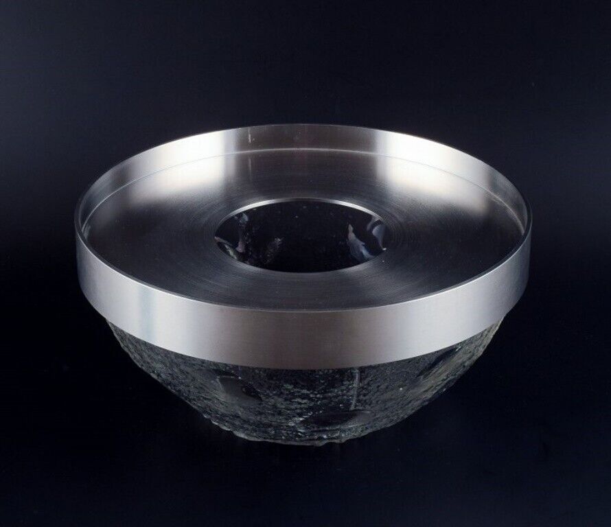 Scandinavian large serving bowl in clear frosted art glass and stainless steel