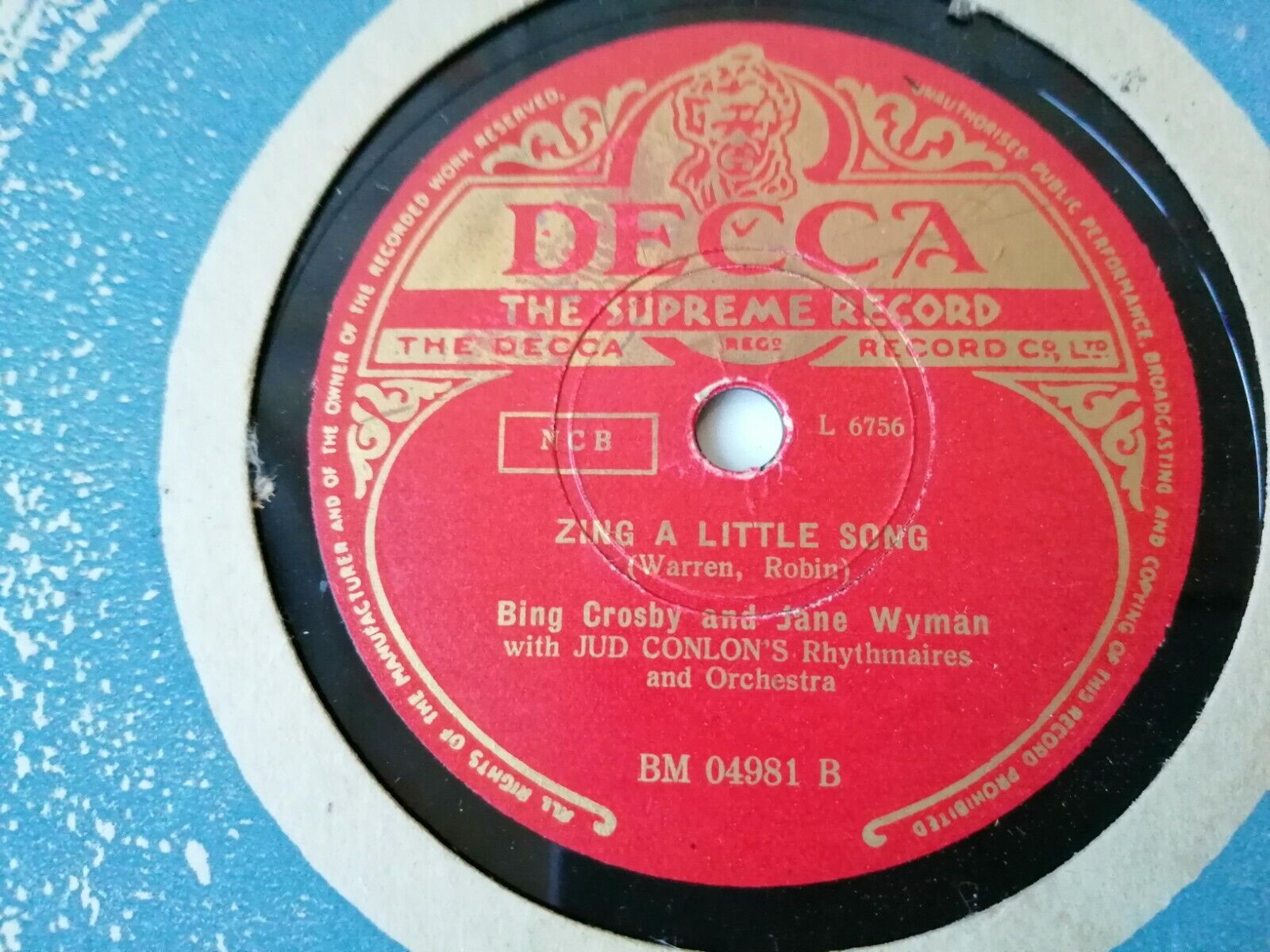 78 RPM  shellacJANE WYMANBING CROSBYZing A Little Song / The Maiden From