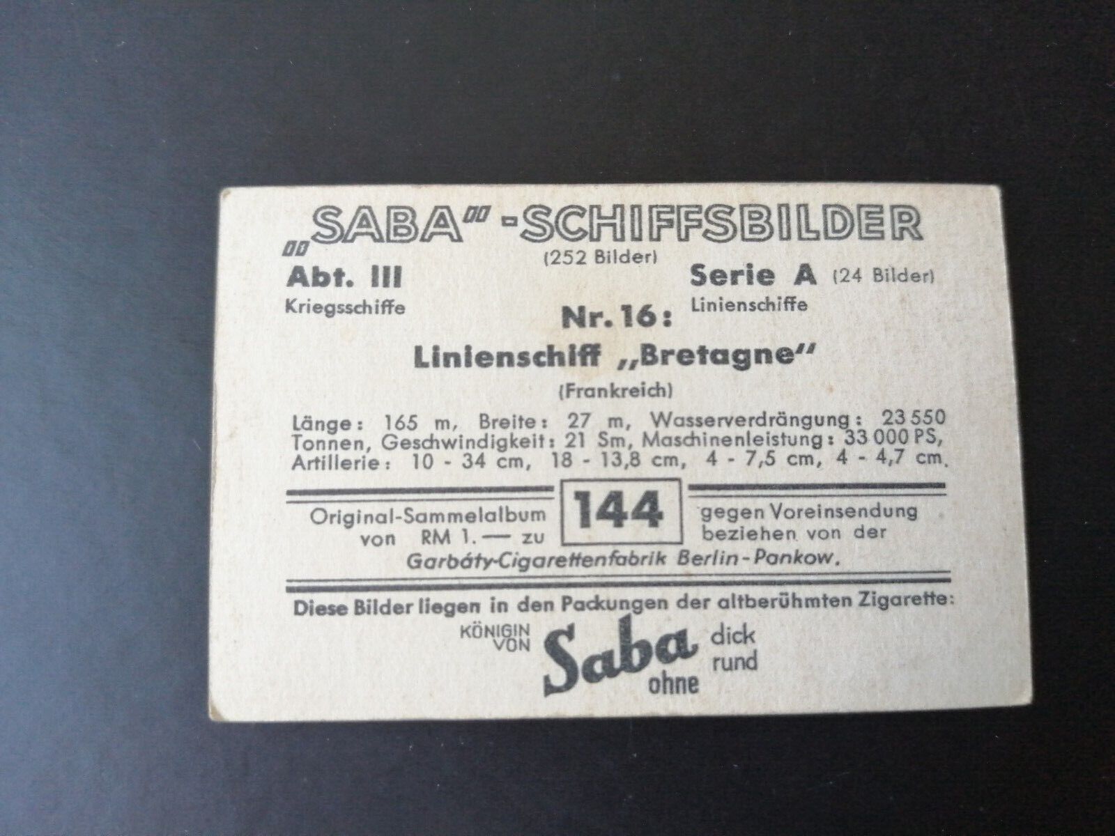 German SABA tobacco ship trading card 1931-33No 144"Bretagne" France