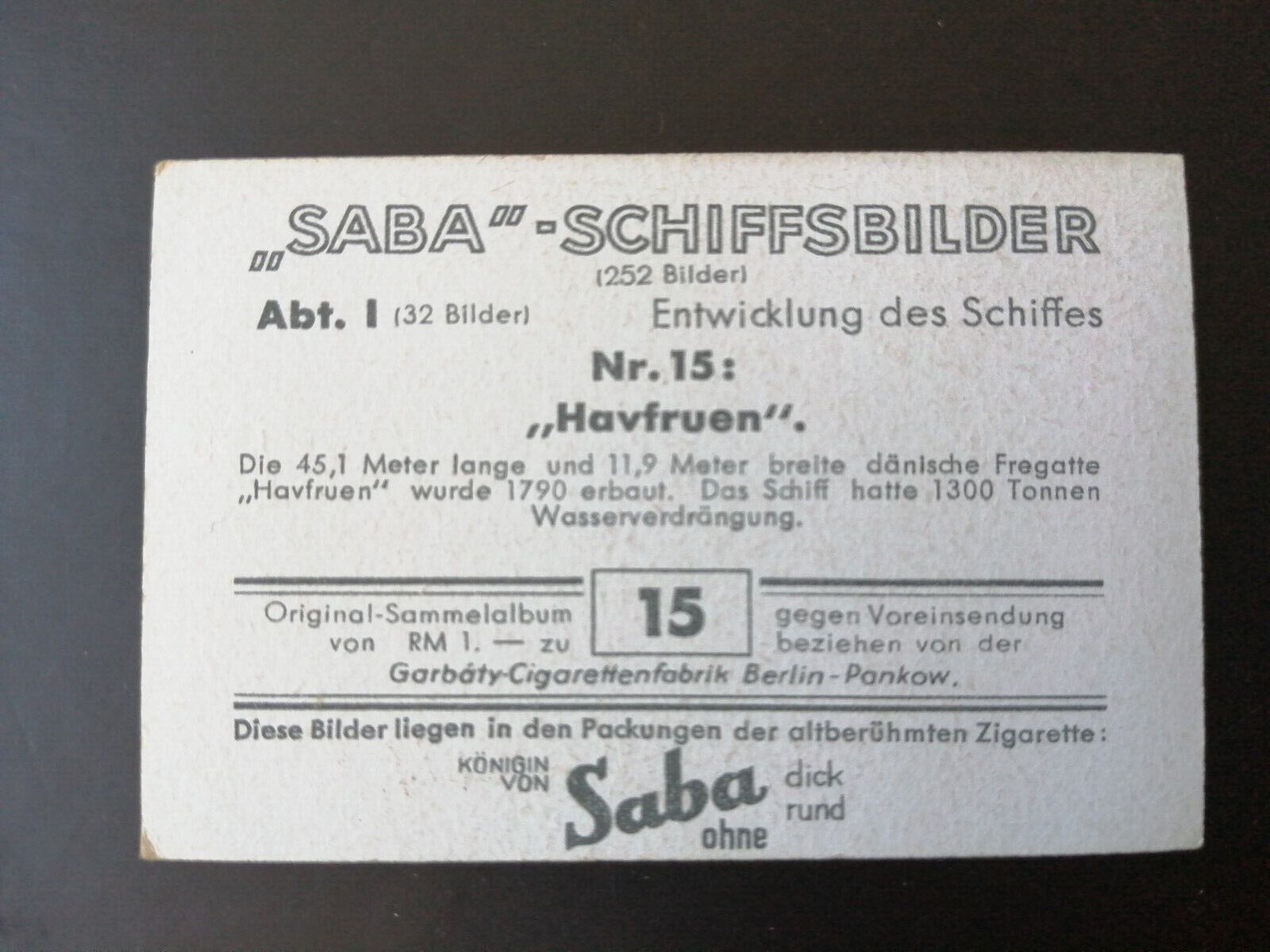 German SABA tobacco ship trading card 1931-33No 15 "Havfruen" Denmark