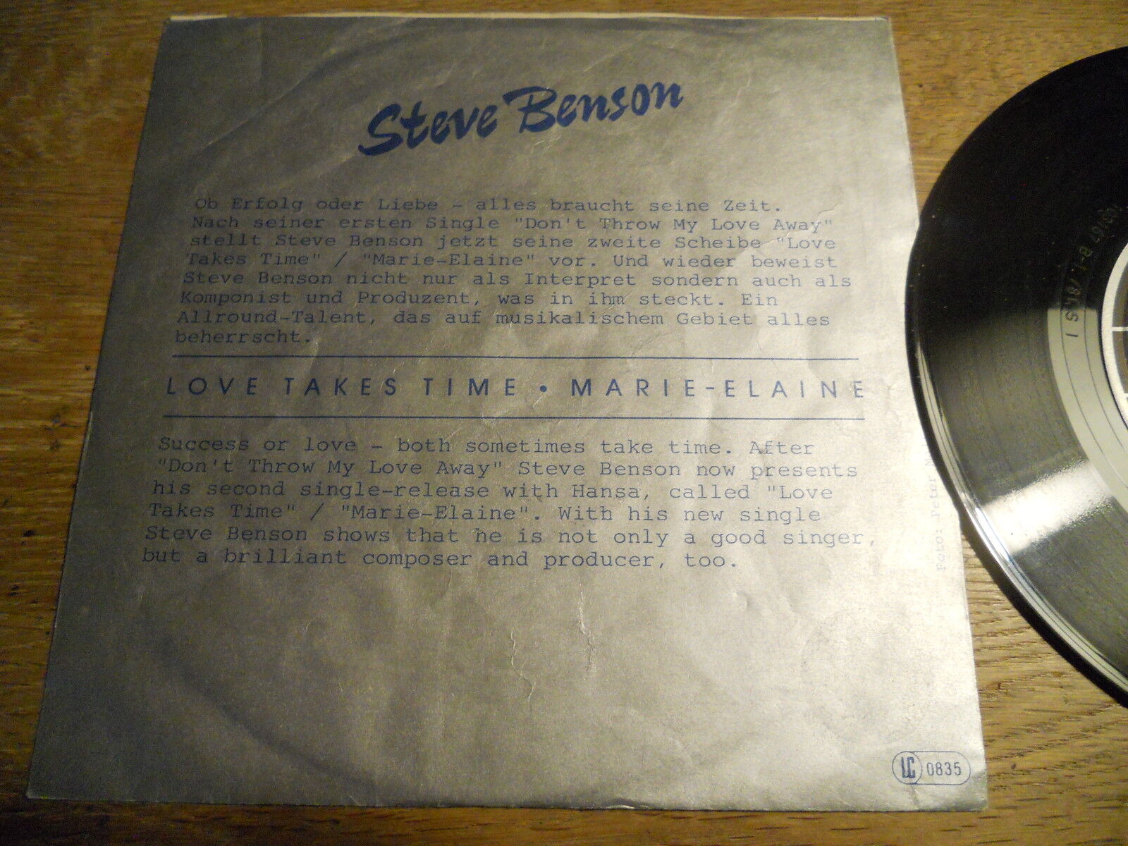 STEVE BENSON /DIETER BOHLEN "LOVE TAKES TIME" 1981 HANSA RECORDS WEST GERMANY***