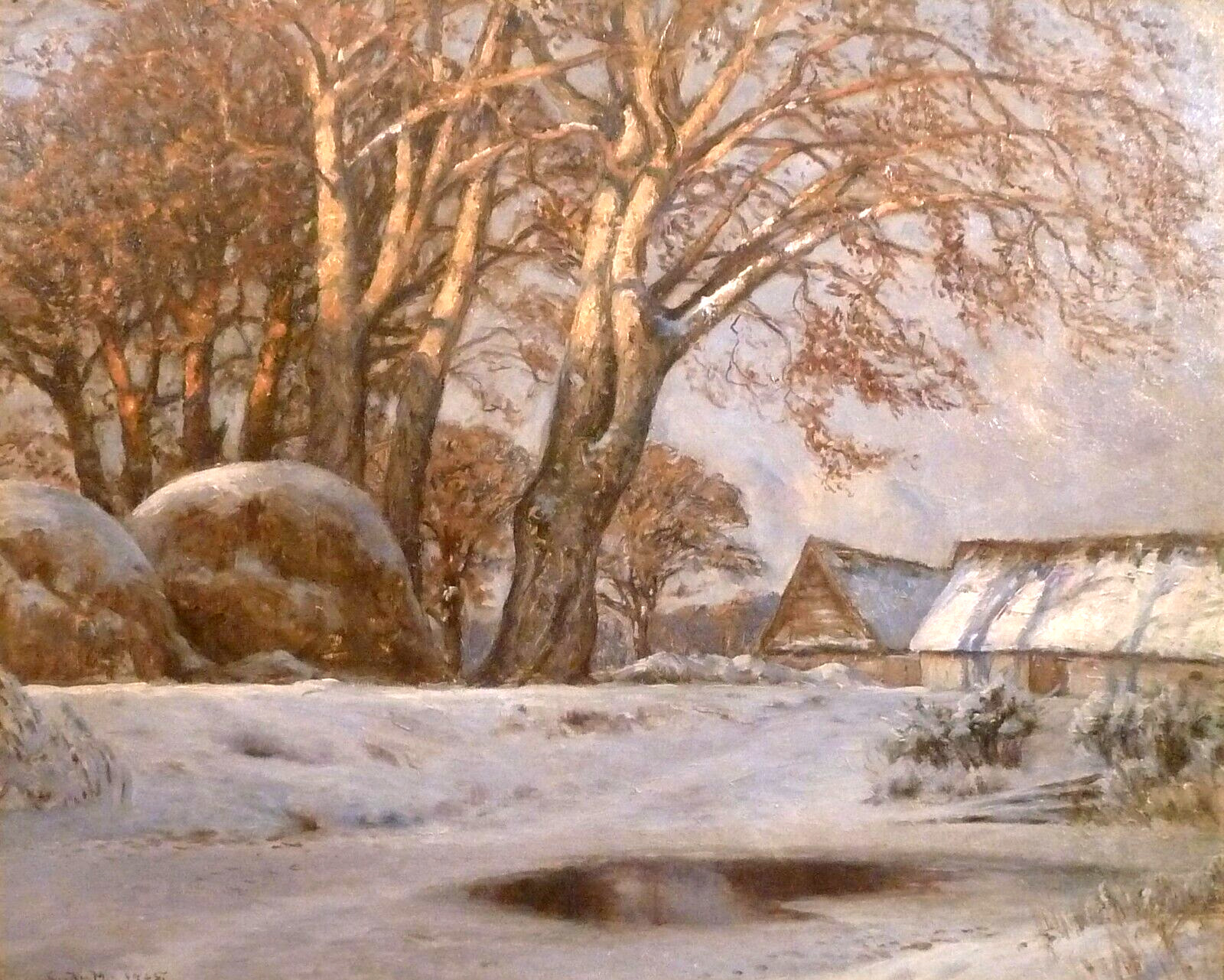 LUDVIG MOGELSGAARD! LANDSCAPE WITH FARMHOUSE ON A SUNNY WINTER EVENING