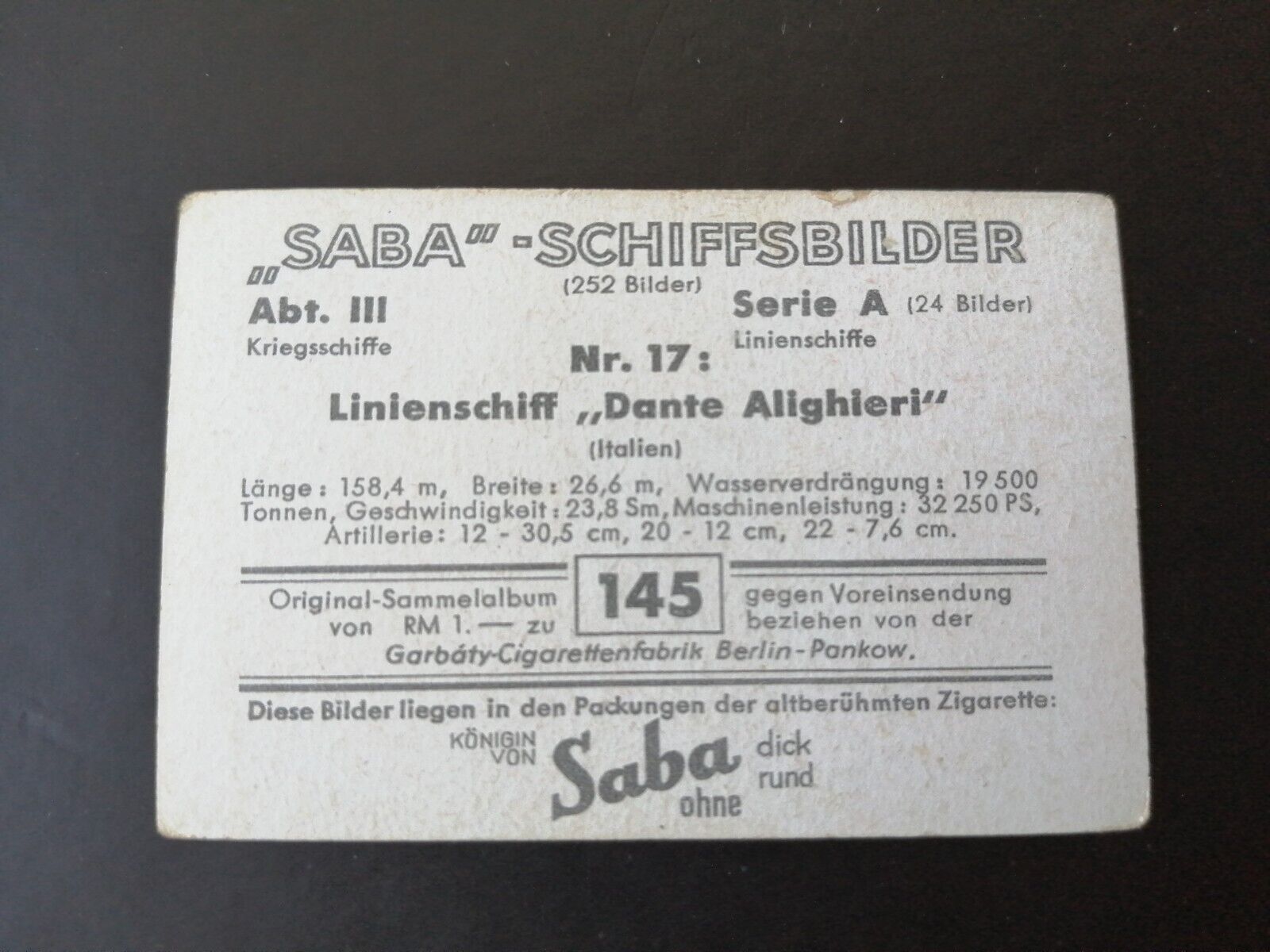 German SABA tobacco ship trading card 1931-33No 145 "Dante Allighiere"Italy