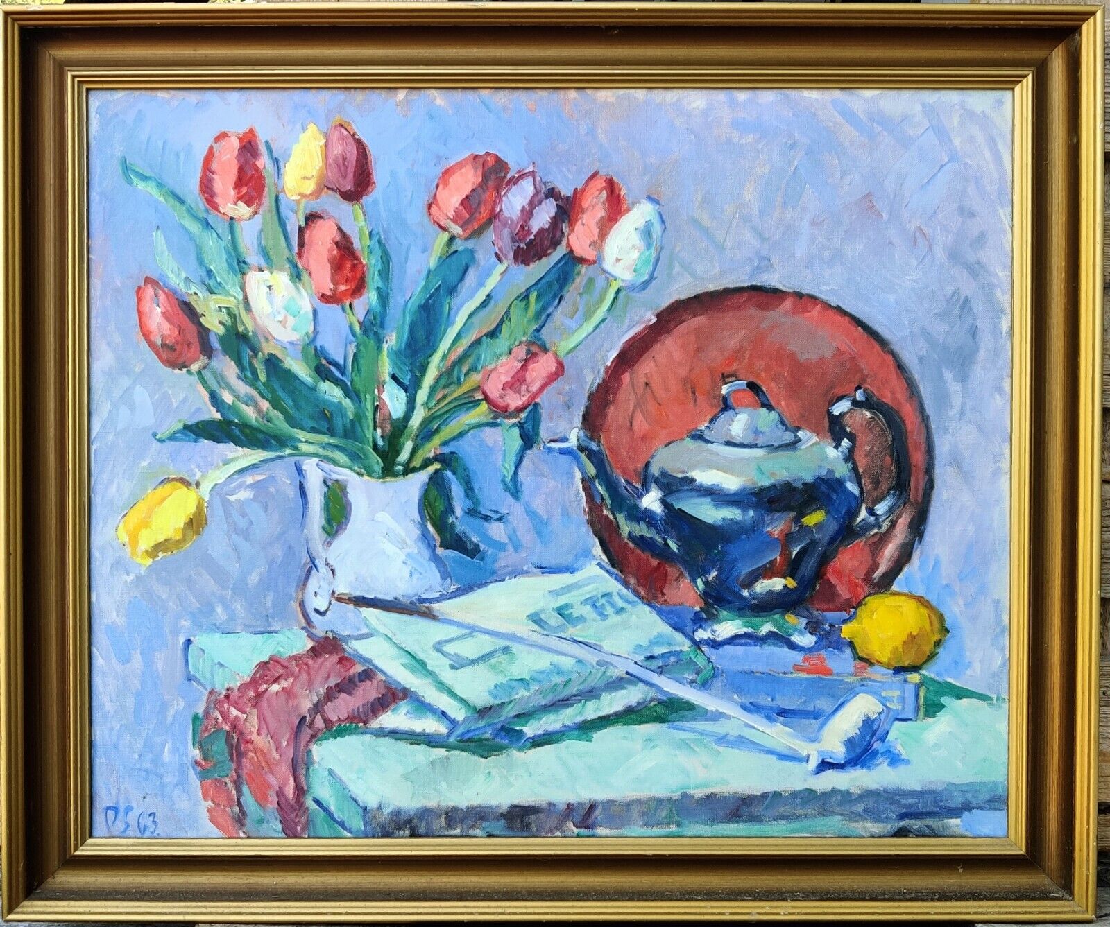 Per Sonne (1906-1996): TULIPS TEAPOT PLATE original oil painting