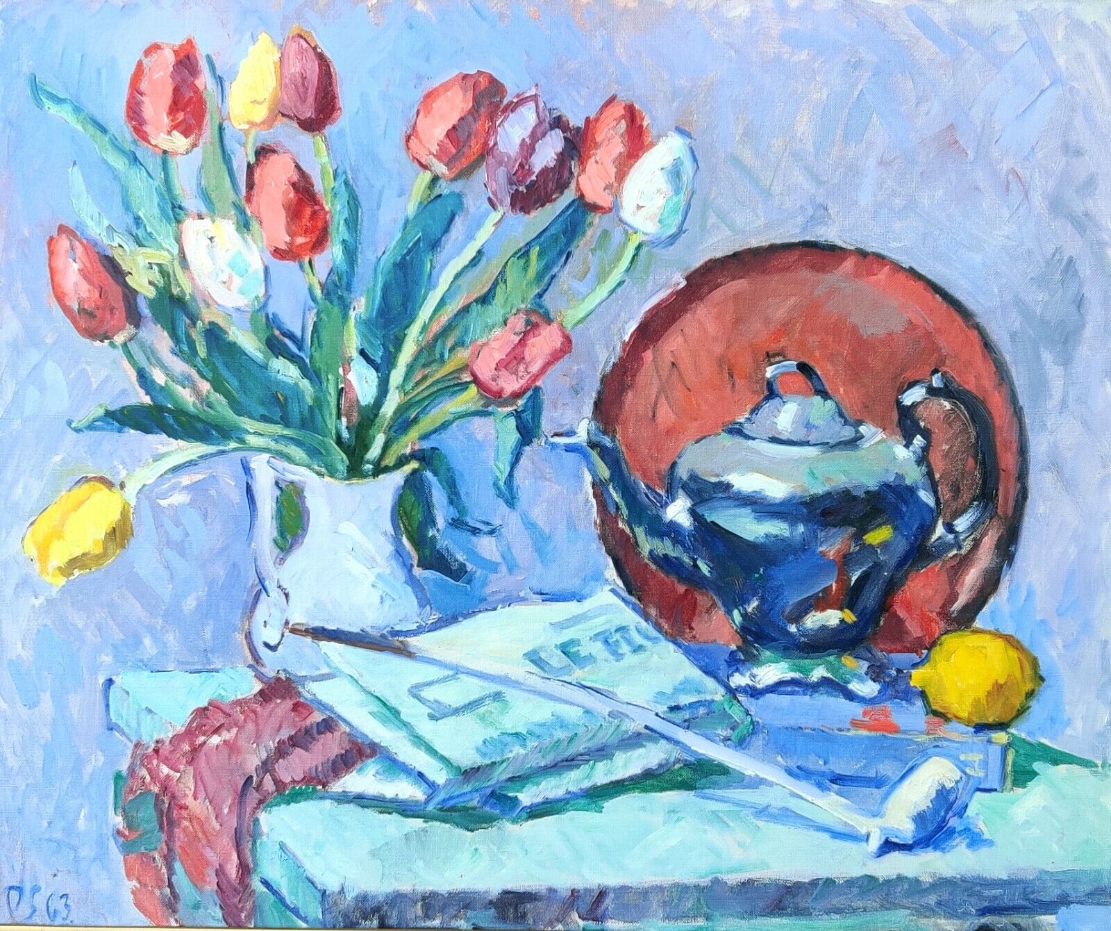 Per Sonne (1906-1996): TULIPS TEAPOT PLATE original oil painting