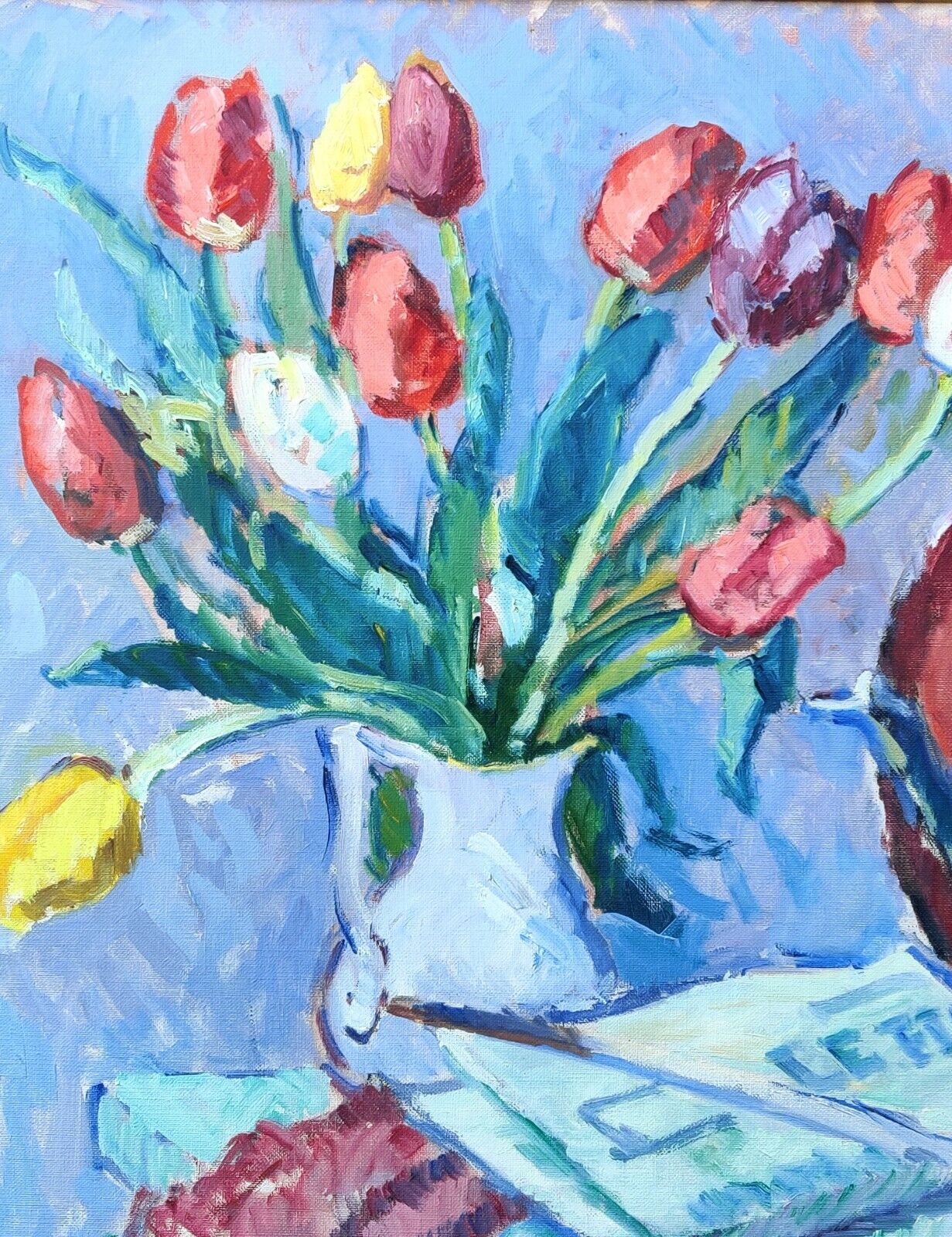 Per Sonne (1906-1996): TULIPS TEAPOT PLATE original oil painting