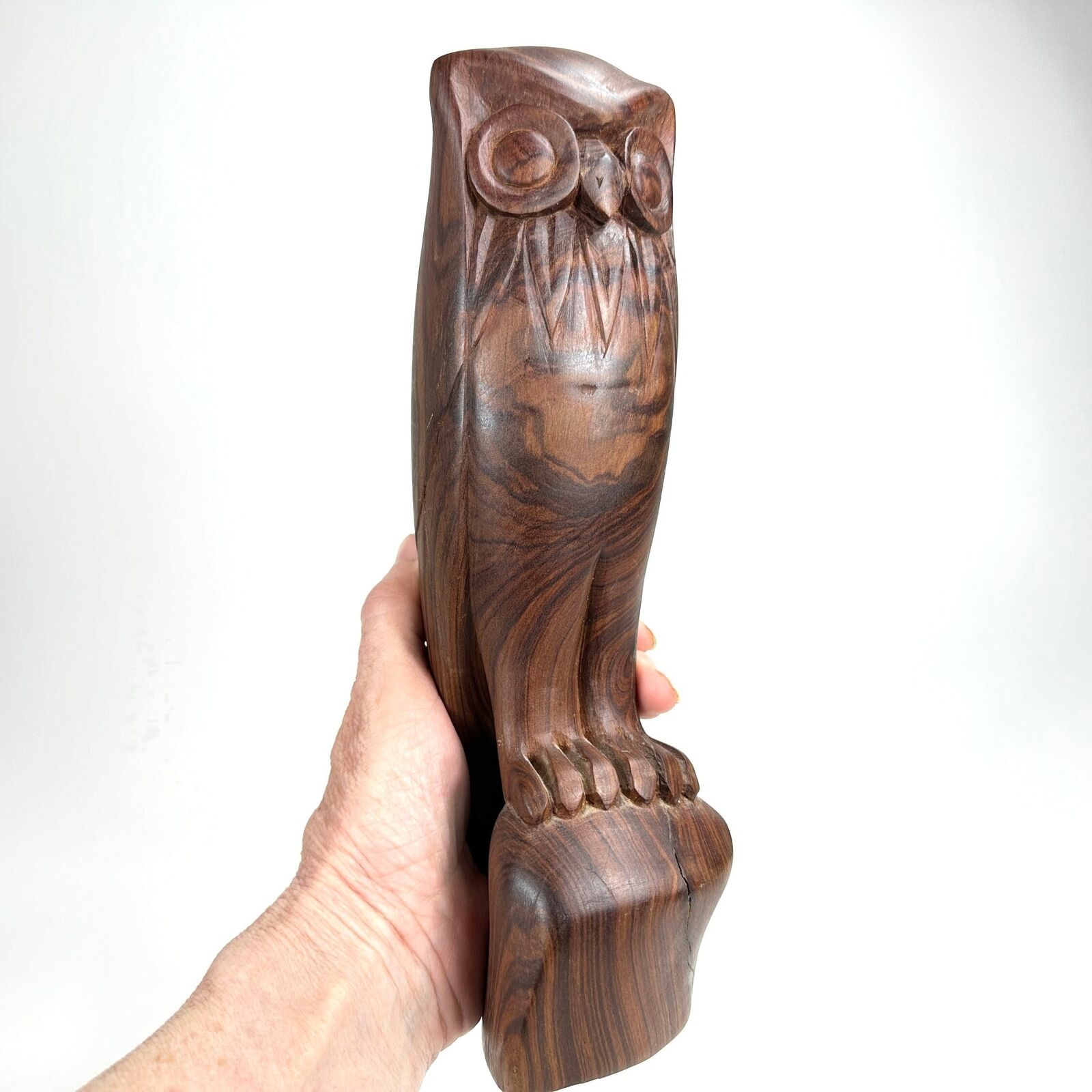 Vintage Hand Carved Teak Wood Owl Figurine 70s Bird Sculpture