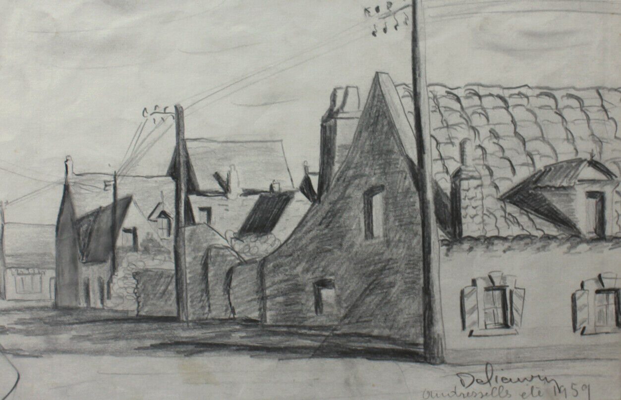 French artist drawing Village Audresselles Normandy summer 1959 Signed