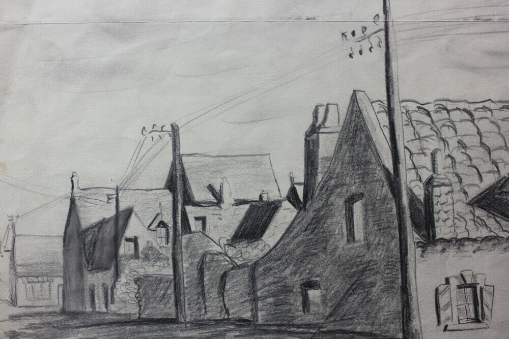 French artist drawing Village Audresselles Normandy summer 1959 Signed