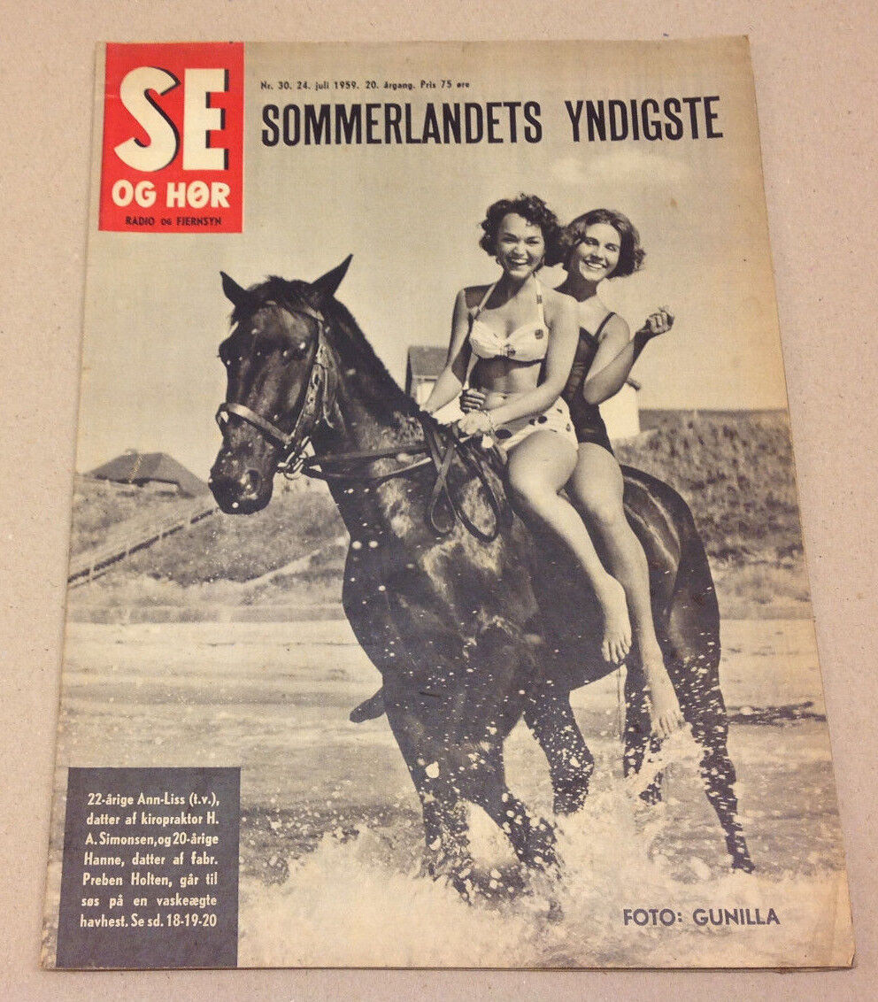 SUMMER IN DENMARK MODELS ON A HORSE IN WATER COVER VINTAGE Danish Magazine 1959