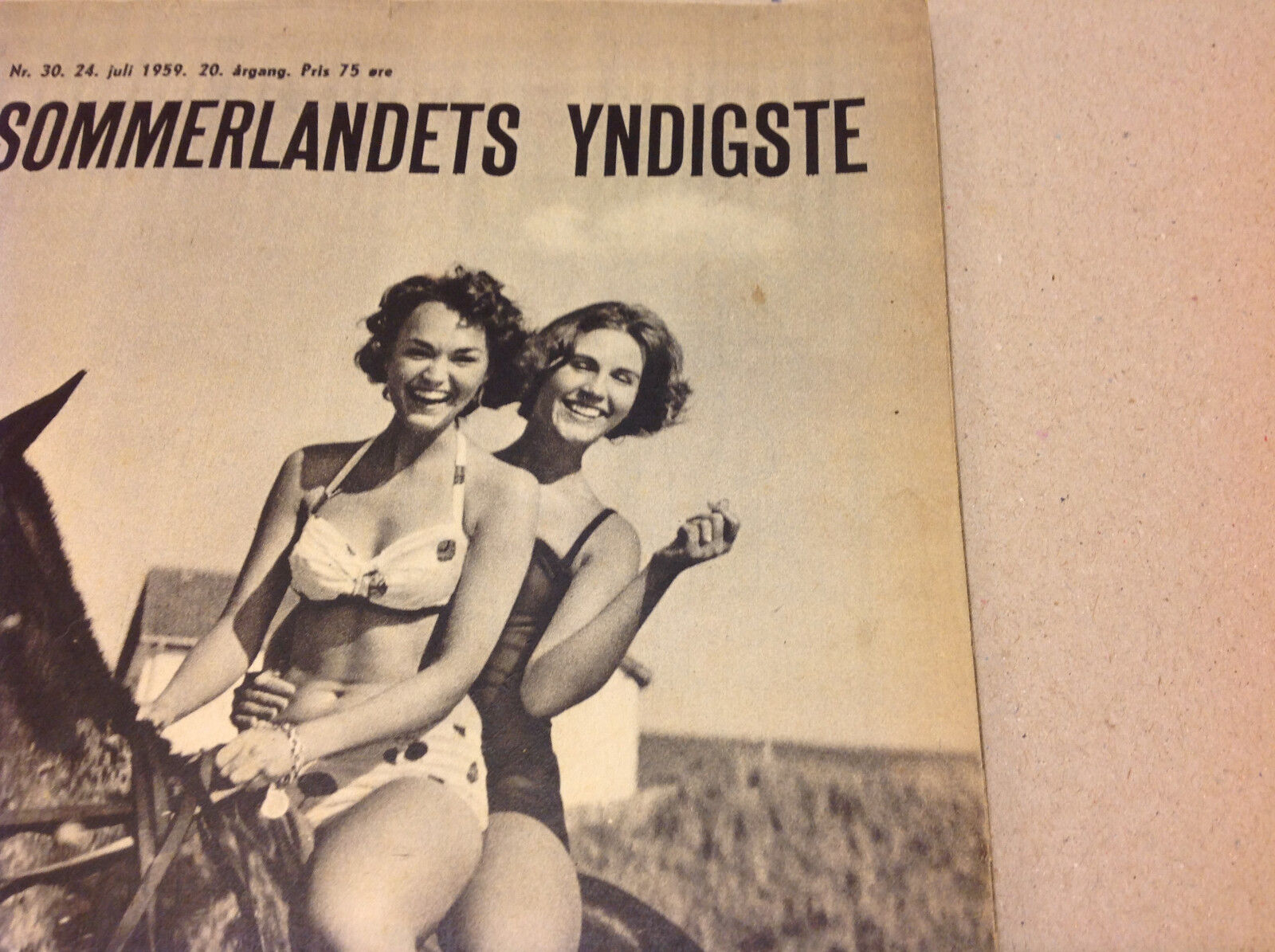 SUMMER IN DENMARK MODELS ON A HORSE IN WATER COVER VINTAGE Danish Magazine 1959