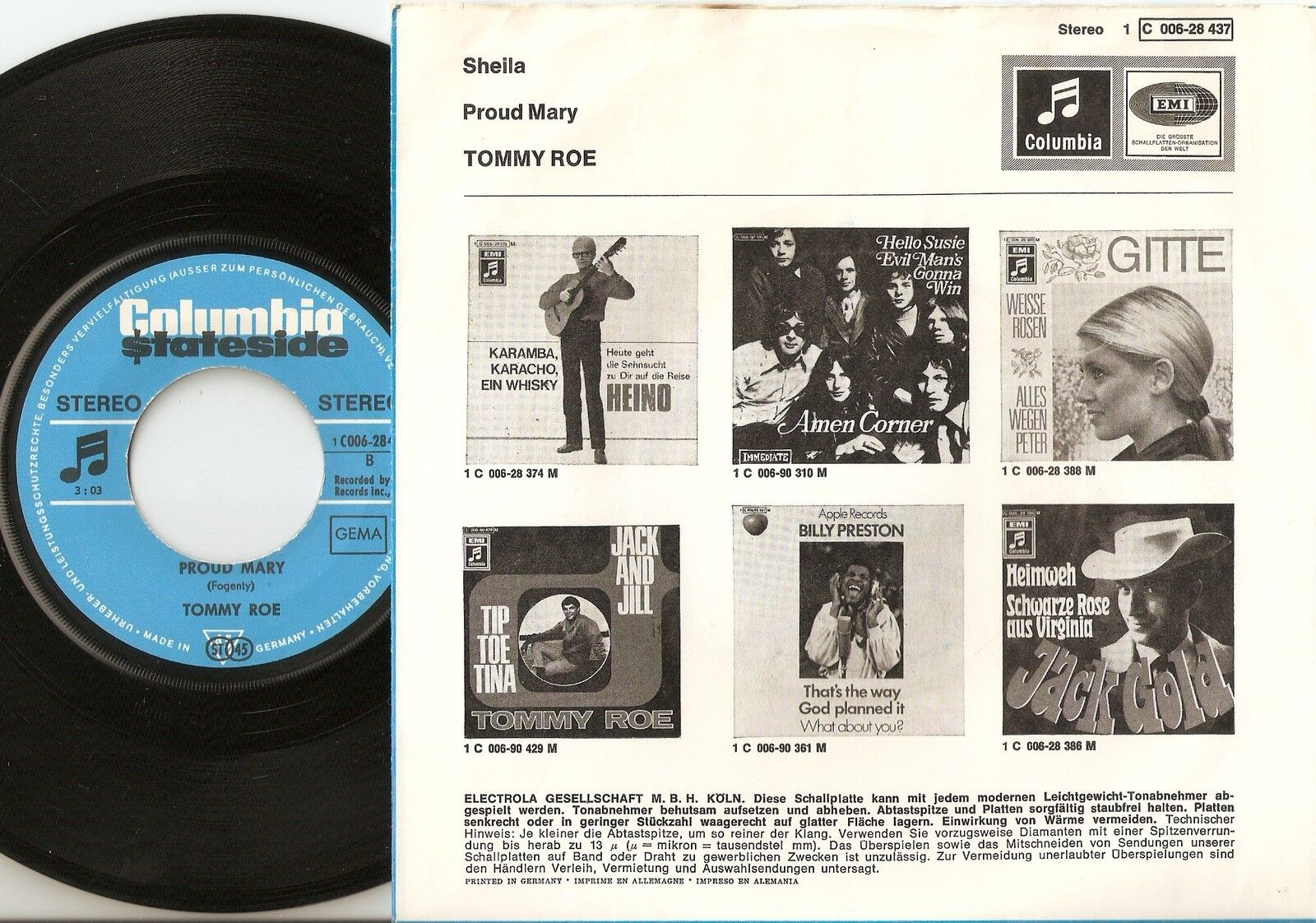 TOMMY ROE SHEILA  PROUD MARY GERMAN 45+PS 1971 MOD BEAT PYSCH FREAKBEAT