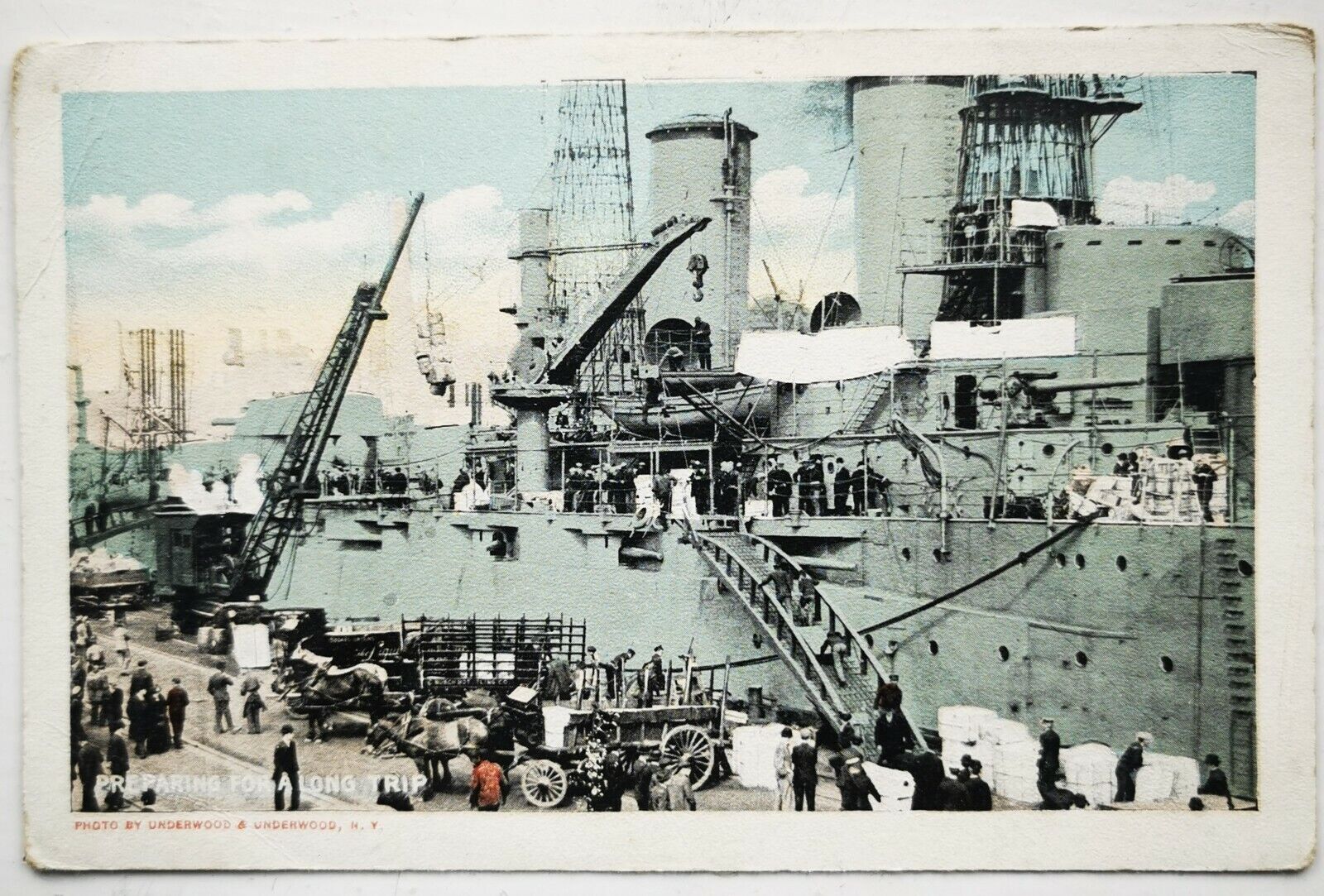 Old postcard:  Navy sailors preparing war ship for a long trip c 1914  pok1491