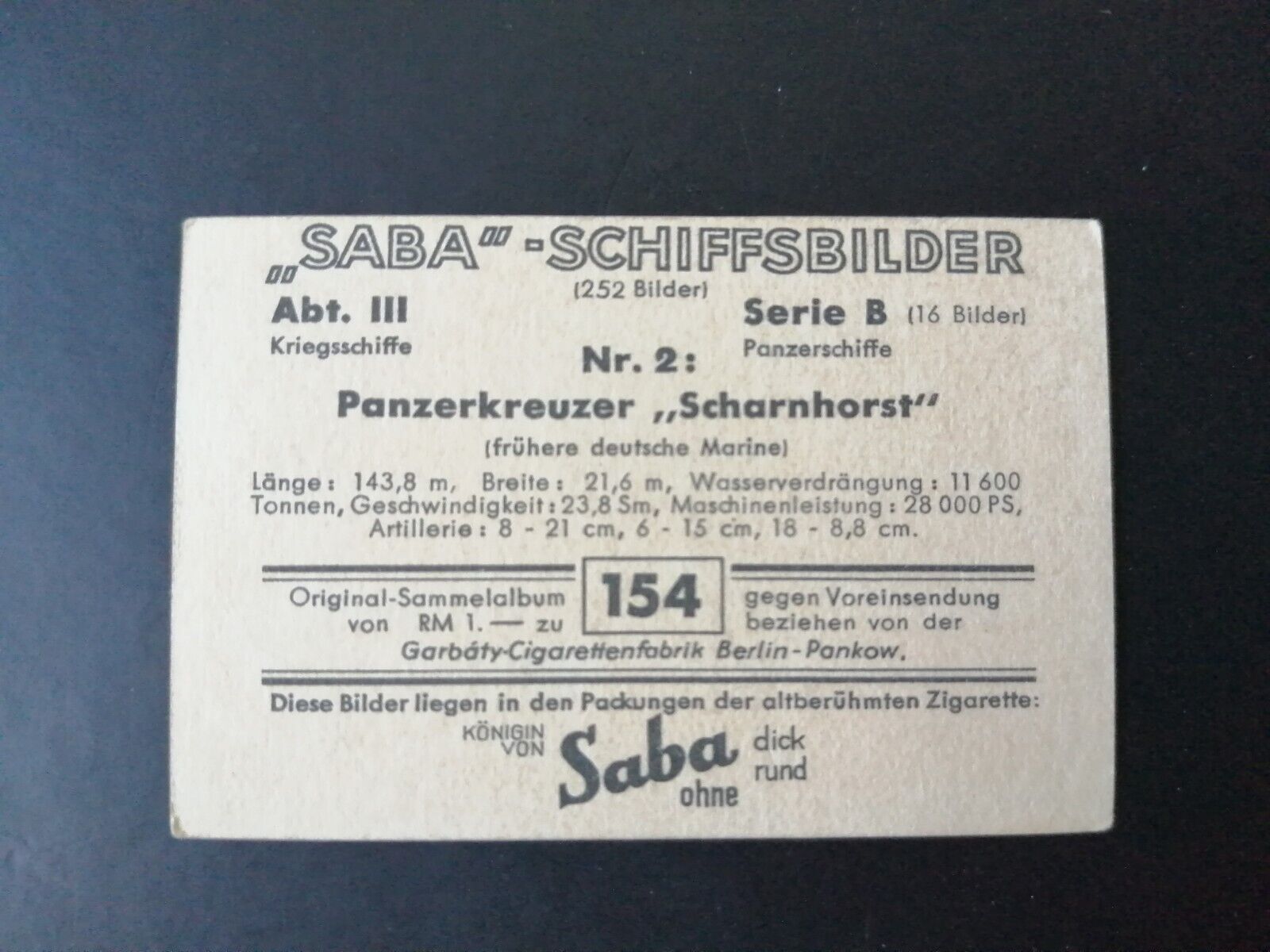 German SABA tobacco ship trading card 1931-33No 154 " Scharnhorst" Germany