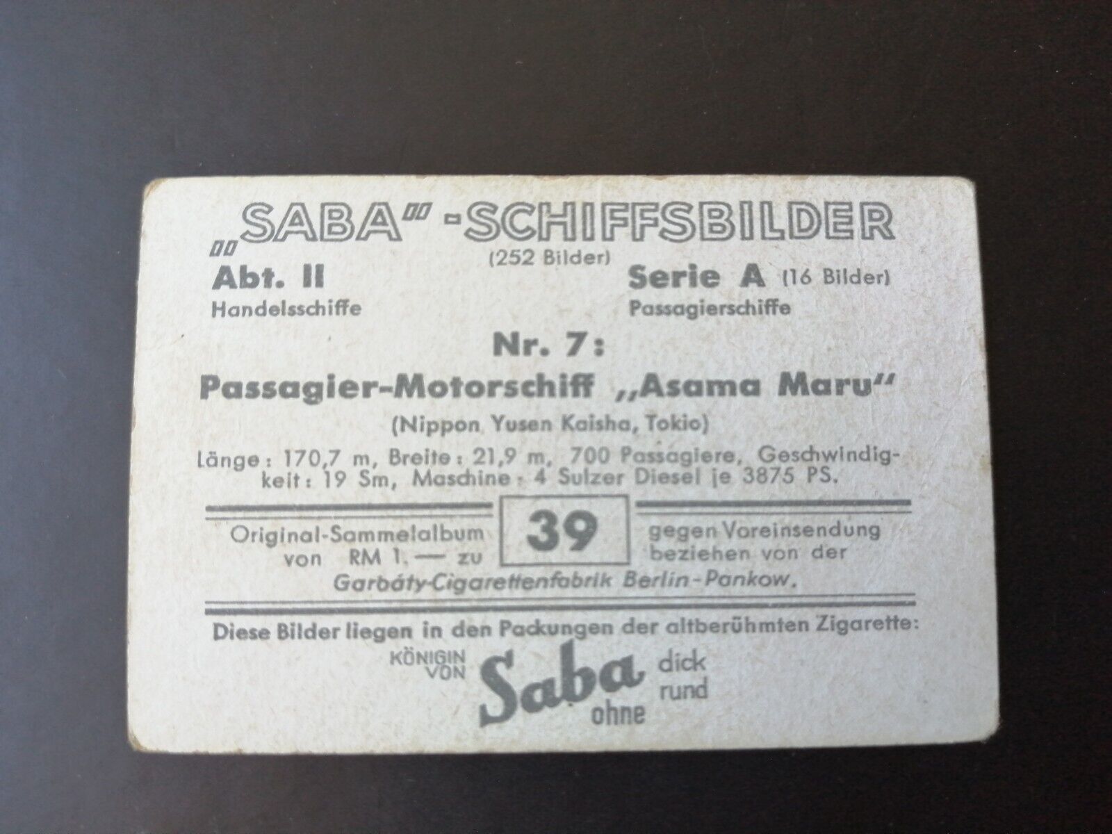 German SABA tobacco ship trading card 1931-33No 228"Tiger" England