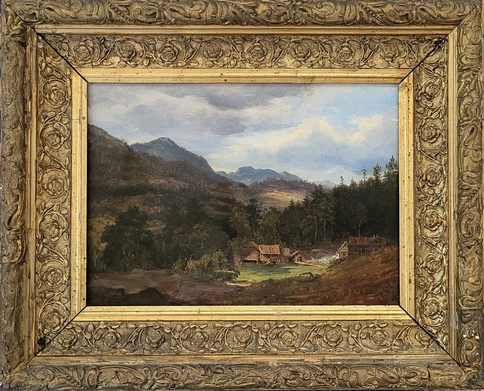 Antique oil painting. Georg Emil Libert(1820-1908):”Log cabins”