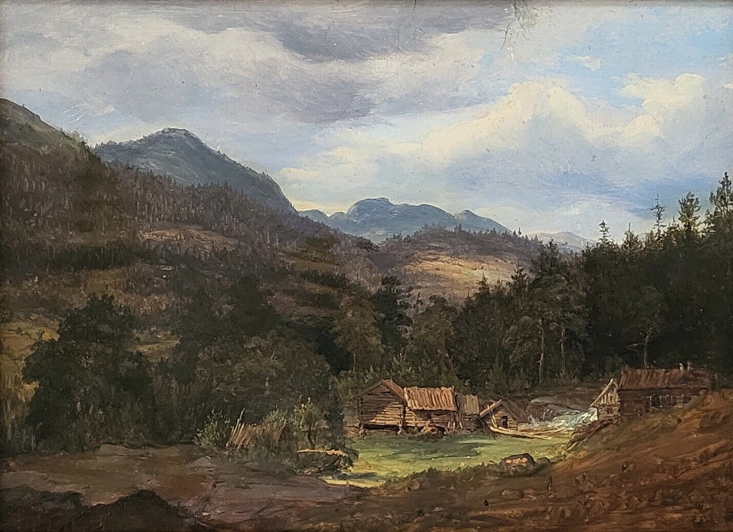 Antique oil painting. Georg Emil Libert(1820-1908):”Log cabins”