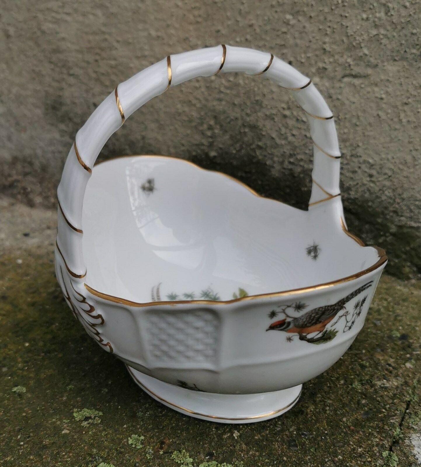 Vintage porcelain basket bowl with handle from Rosenthal with bird decoration