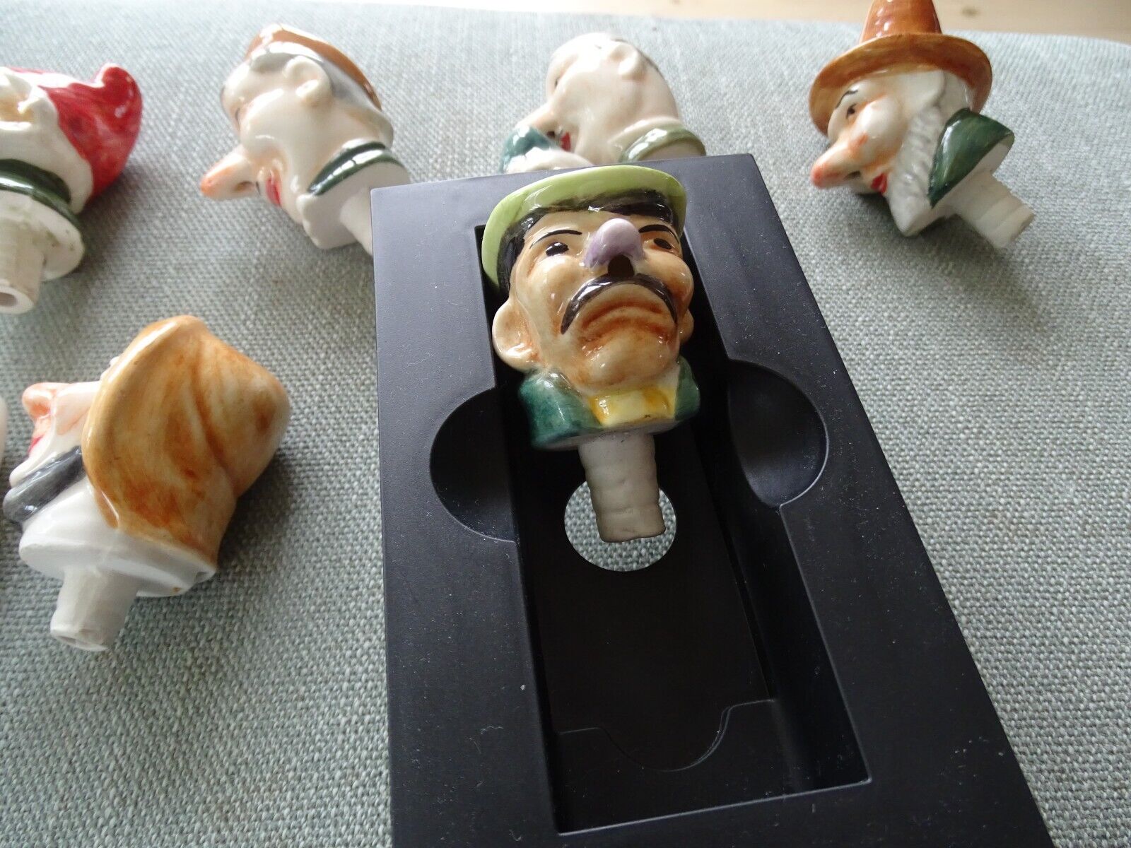 RARE collection of 8 Antique German Porcelain Gnome Pourer Bottle Stoppers