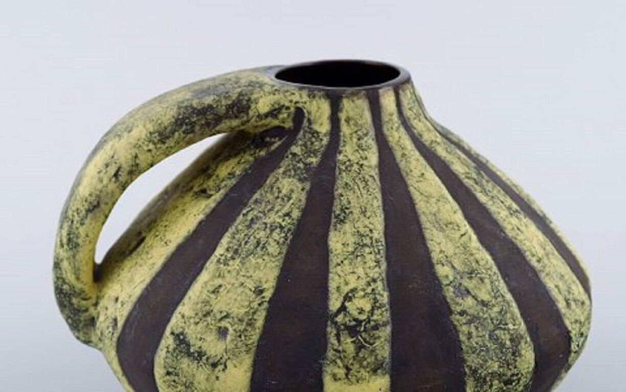 European studio ceramicist Unique retro vase with handle in glazed ceramics