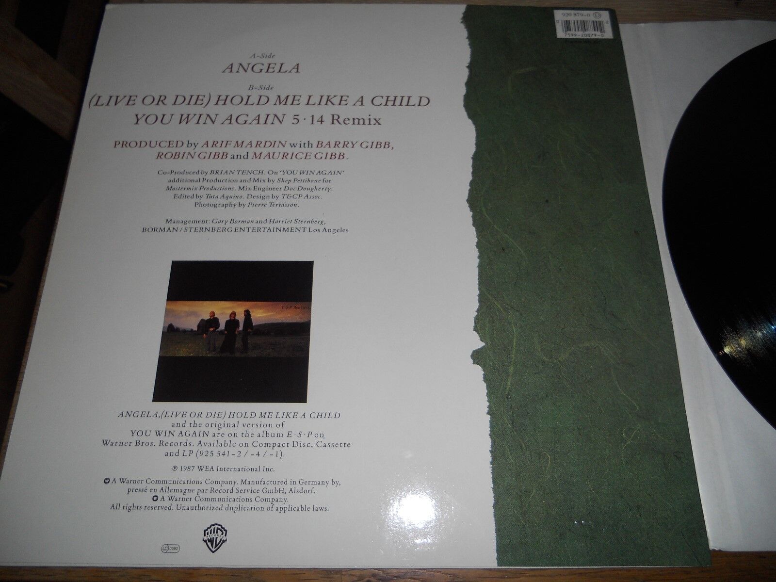 THE BEE GEES ANGELA 1987 GERMAN PRESSED WARNER BROS RECORDS 3 SONGS PROMOTION**