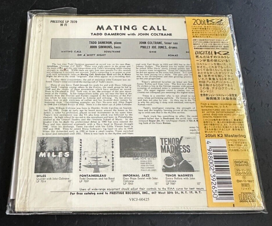 TADD DAMERON WITH JOHN COLTRANE  ''MATING CALL'' - MINI LP JAPAN CD - PRESTIGE