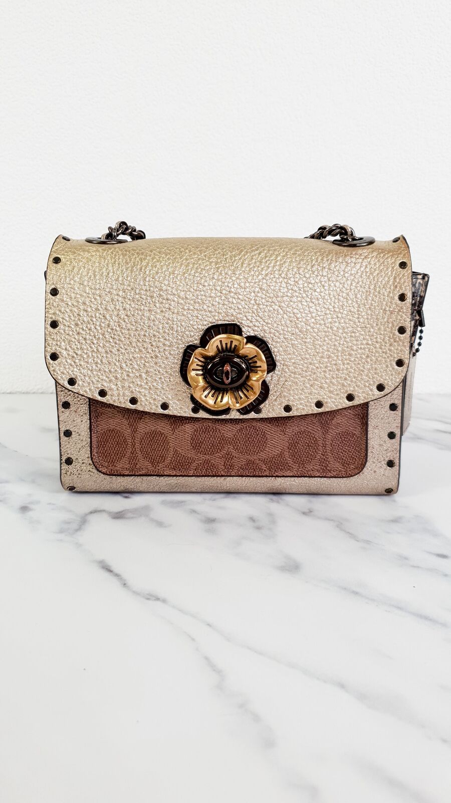 Coach Parker 18 Signature Canvas Tea Rose Border Rivets Snake Metallic Bag 39680