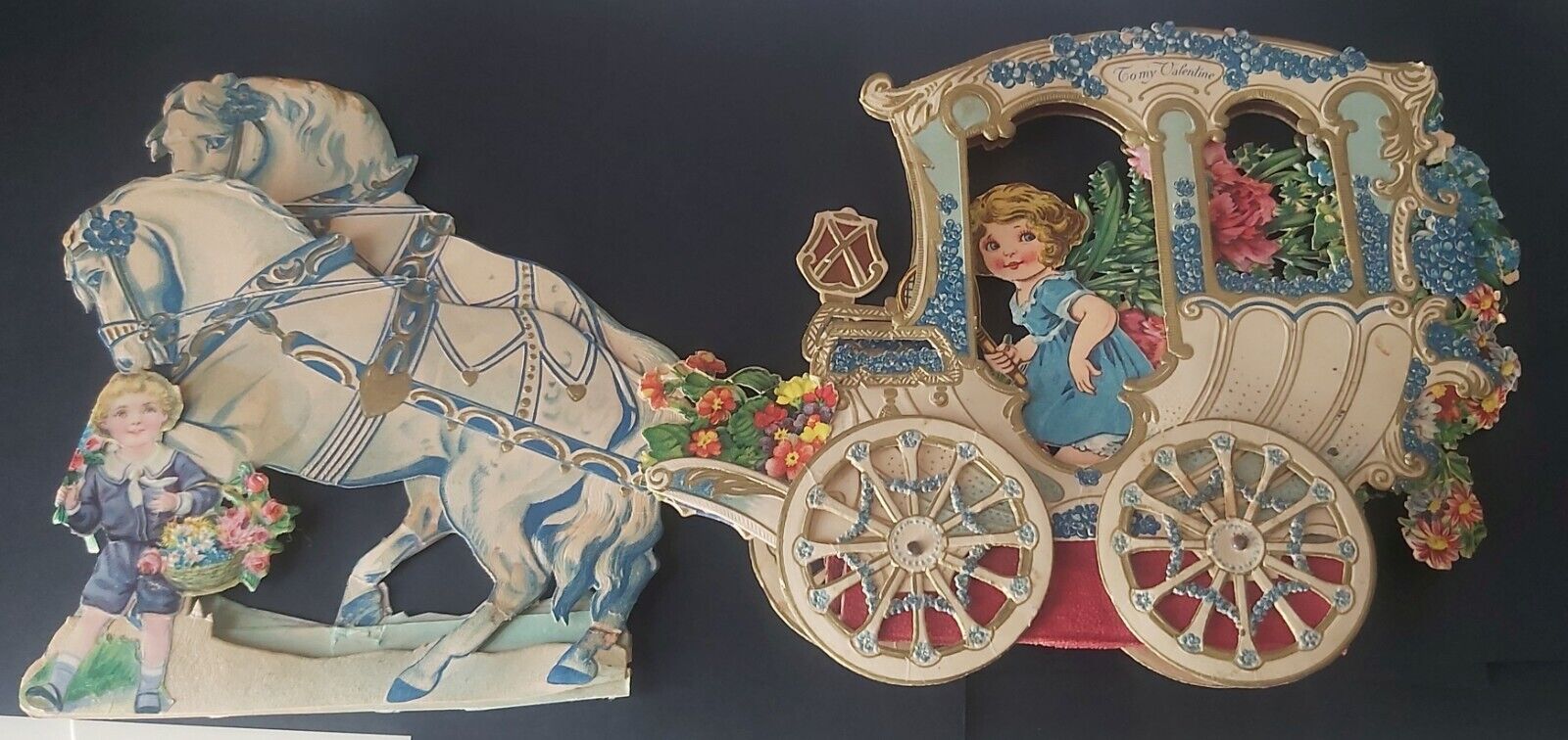 Luxury Paper: Large Mechanical Carriage, Horses, Passengers, Good Condition.  1900