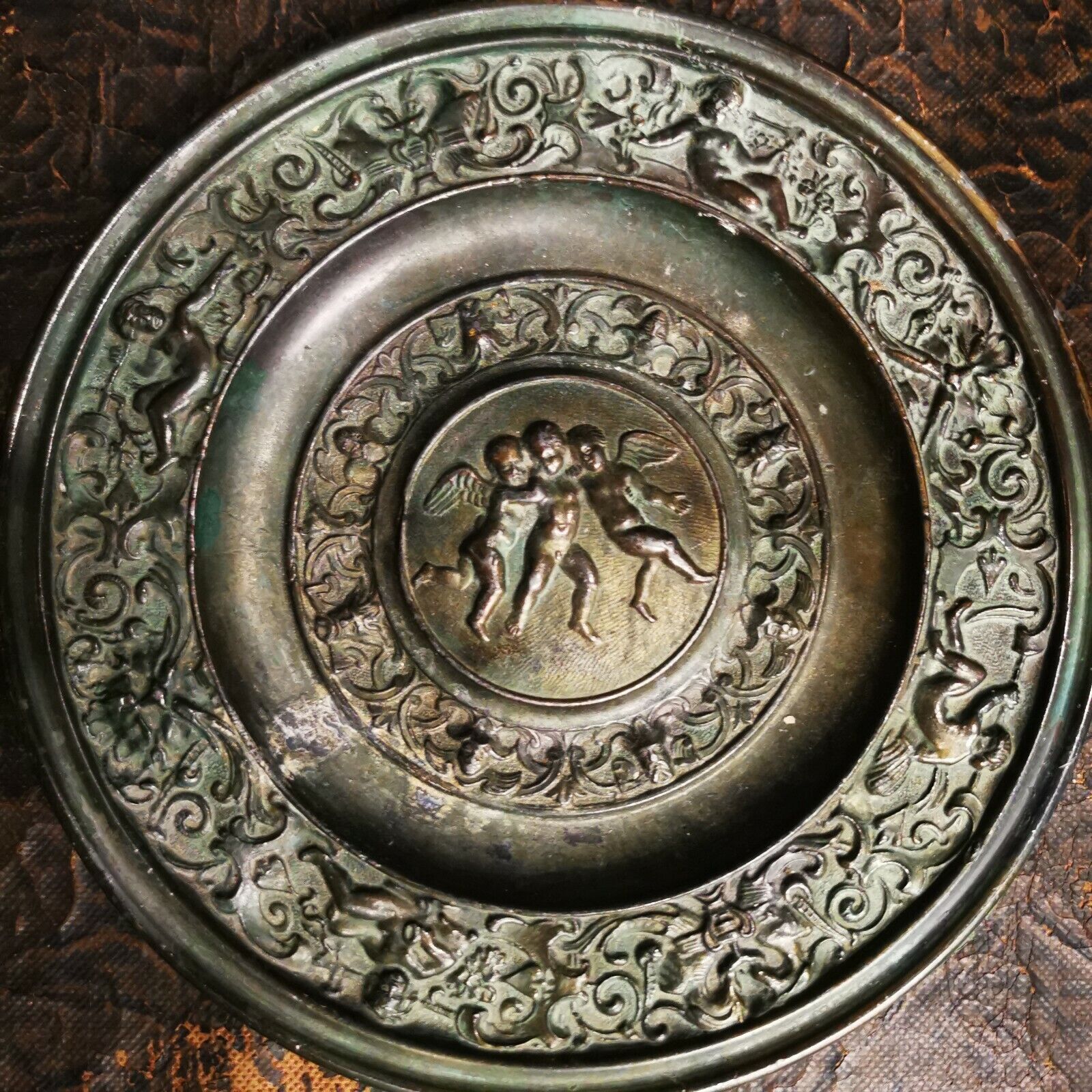 Antique heavy metal plate with Thorvaldsen decoration with three angles c 1880