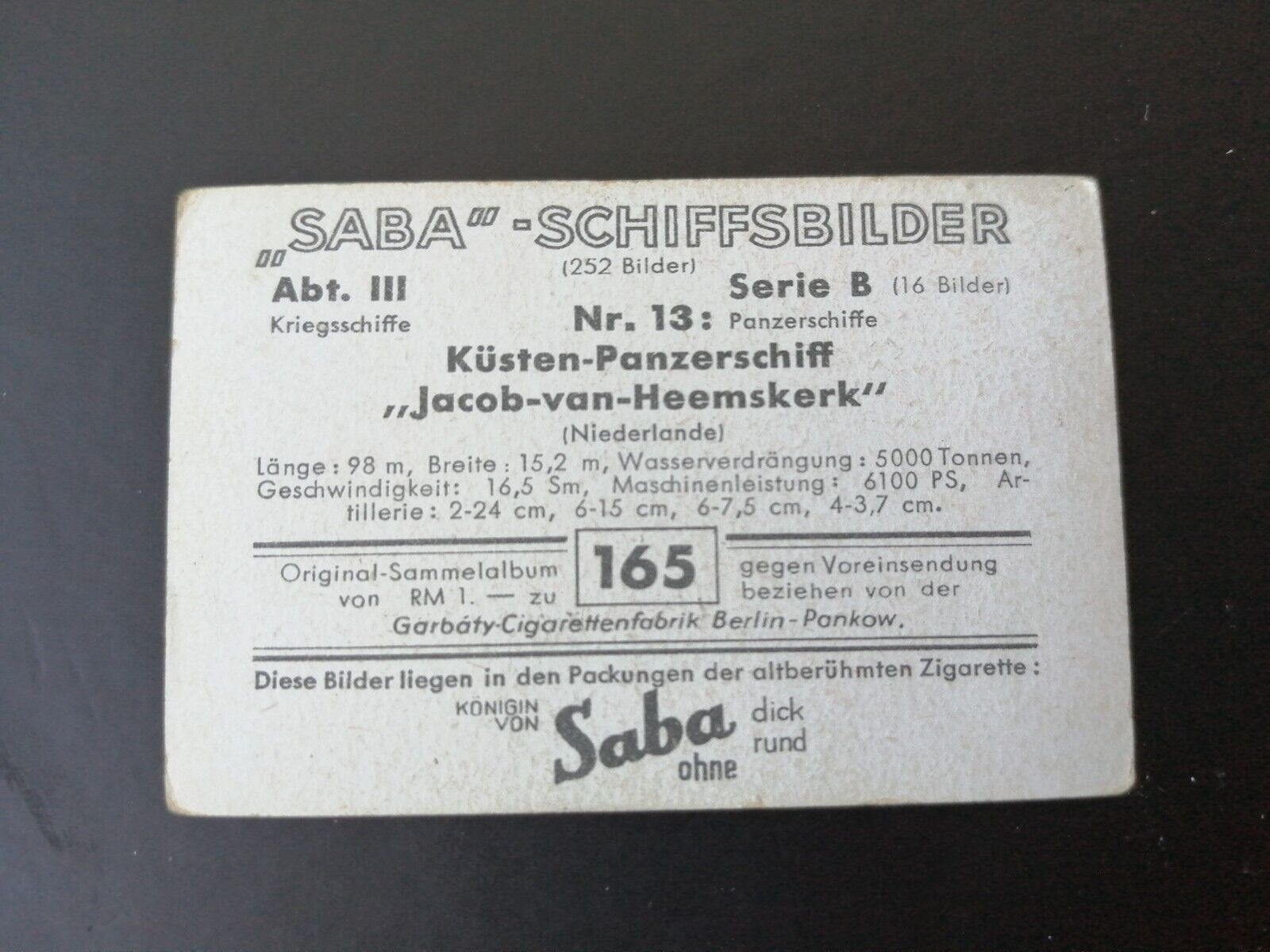 German SABA tobacco ship trading card 1931-33No 165 "Jacob-van-Heemskerk"Hollan