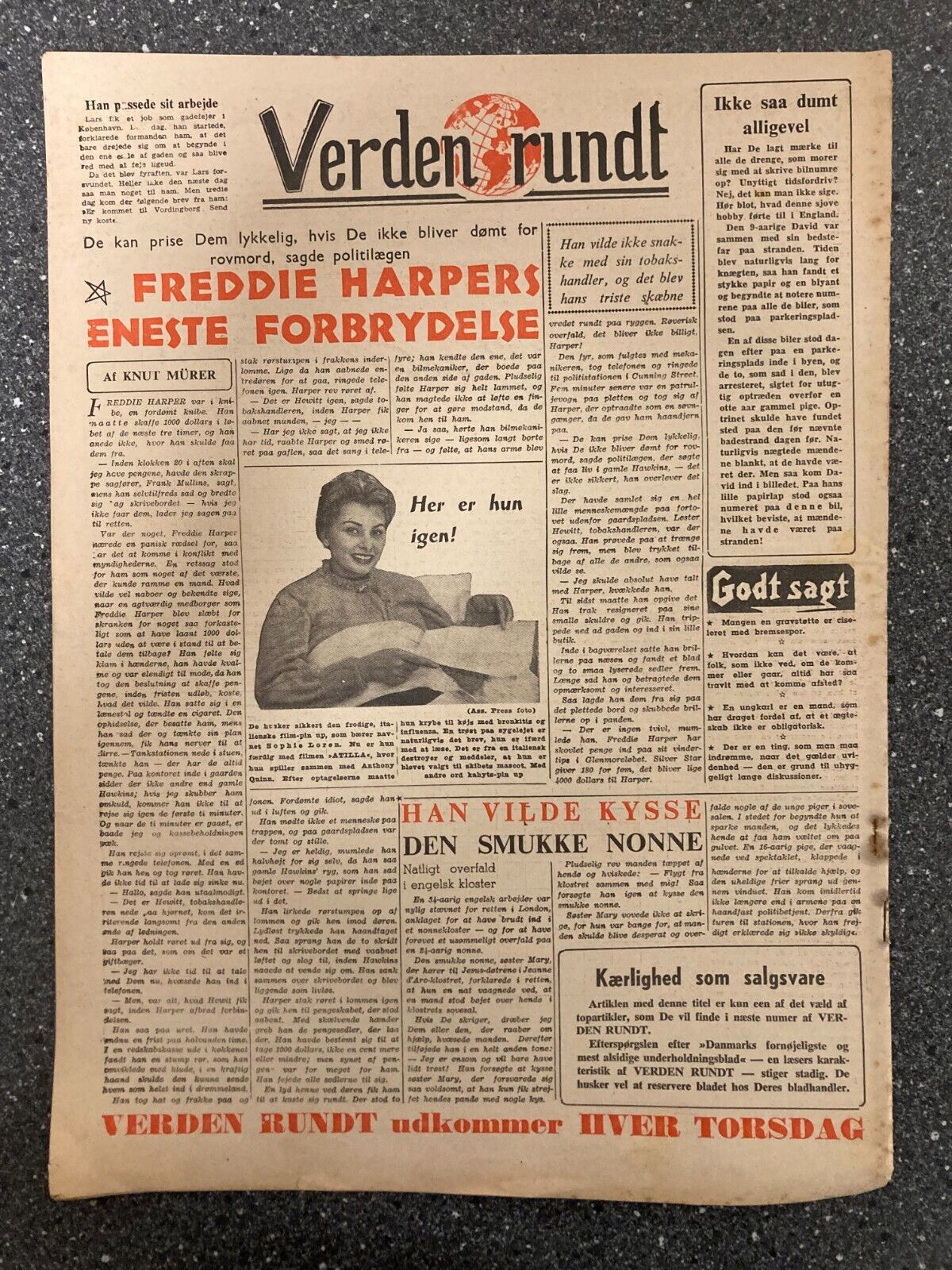 Tony Curtis Hattie Sholes + Sophia Loren Danish Magazine 1954 "Verden Rundt"