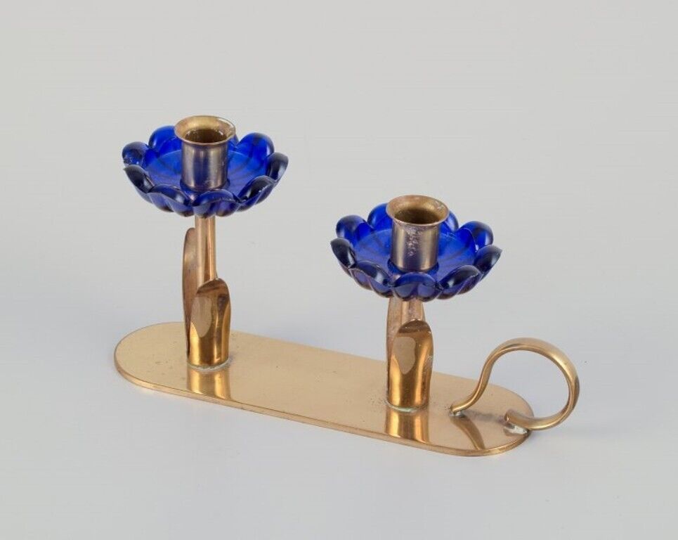 Gunnar Ander for Ystad Metall Candlestick holder in brass and blue art glass