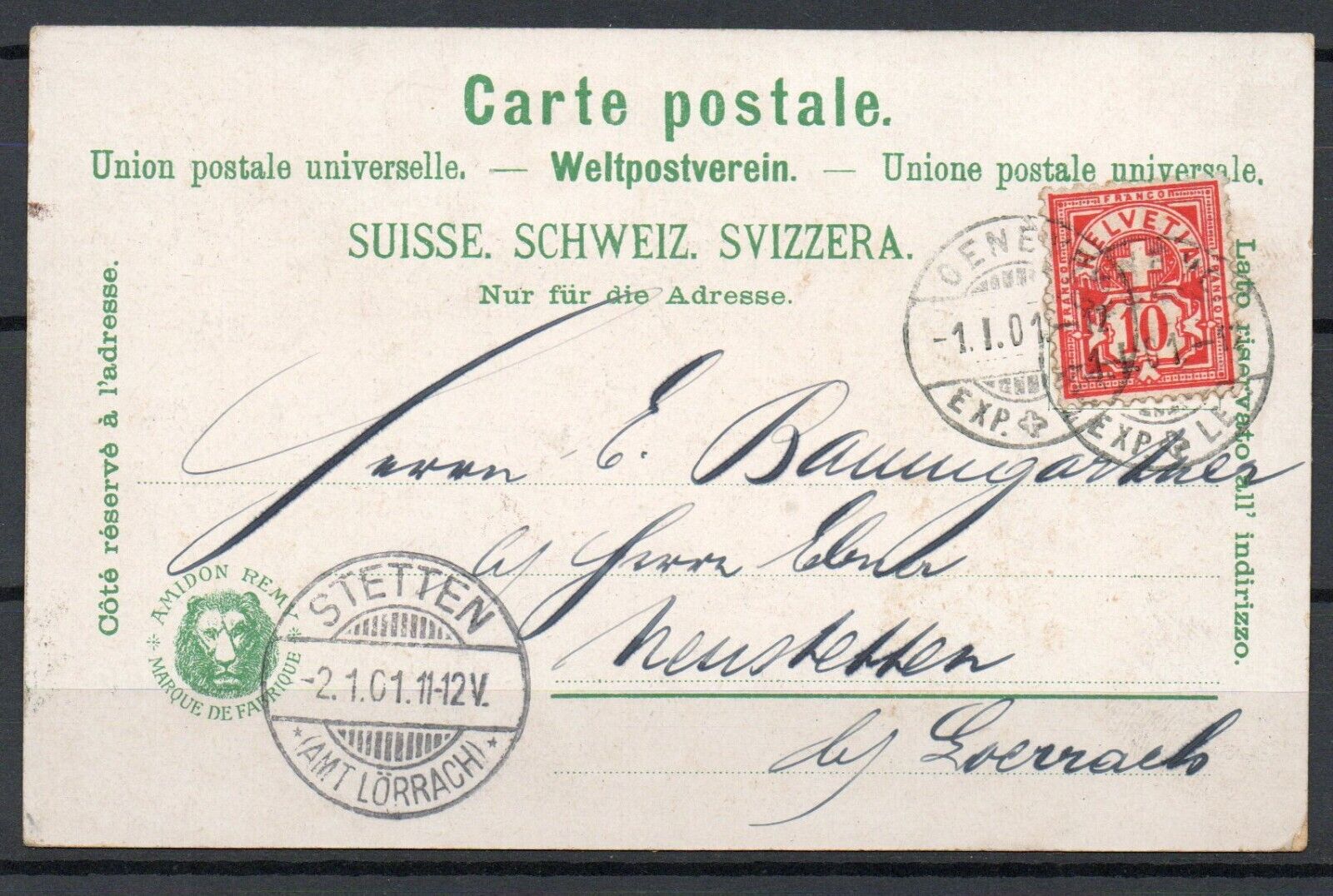 Switzerland - 1901 Postcard - 2 scan - VF Used !!!!!  (A5822)