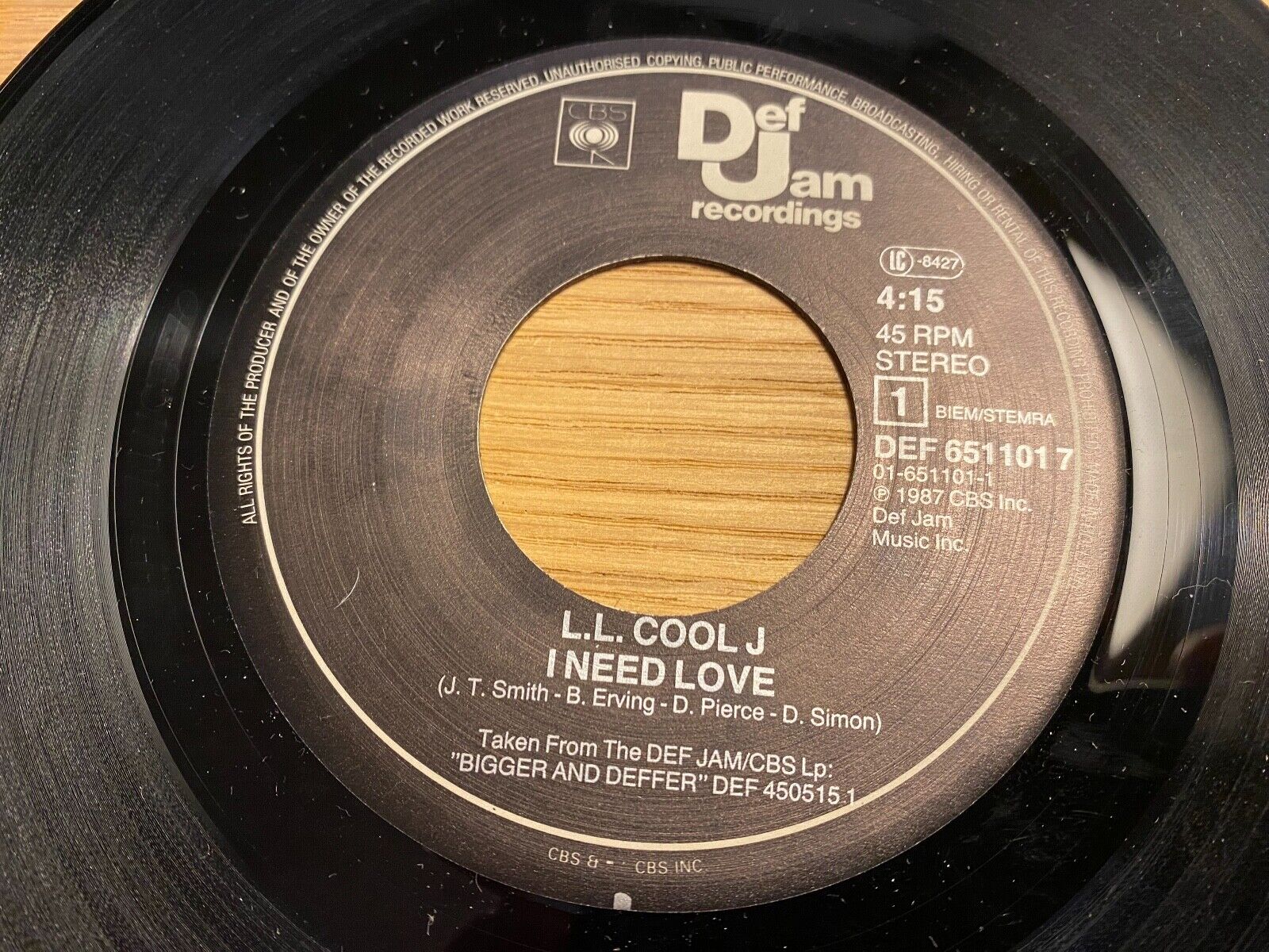 LLCOOL J "I NEED LOVE"  1987 7" VINYL SINGLE DEF JAM RECORDINGS  CBS HOLLAND*