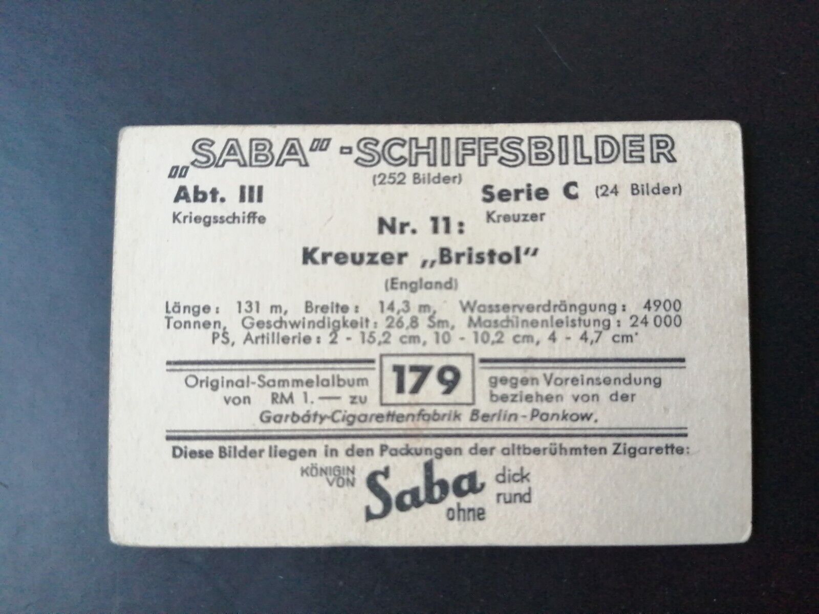 German SABA tobacco ship trading card 1931-33No 179 "Bristol" England