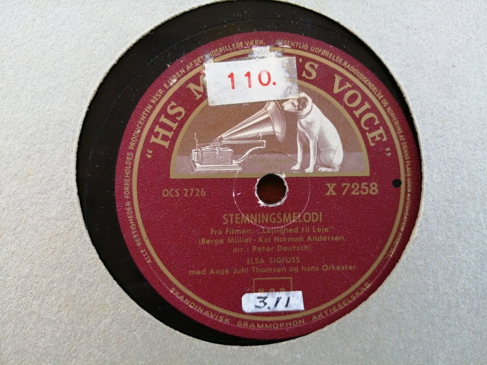 78 RPM  shellac ELSA SIGFUSS :Stemningsmelodi / Kun et æventyr HMV X 7258