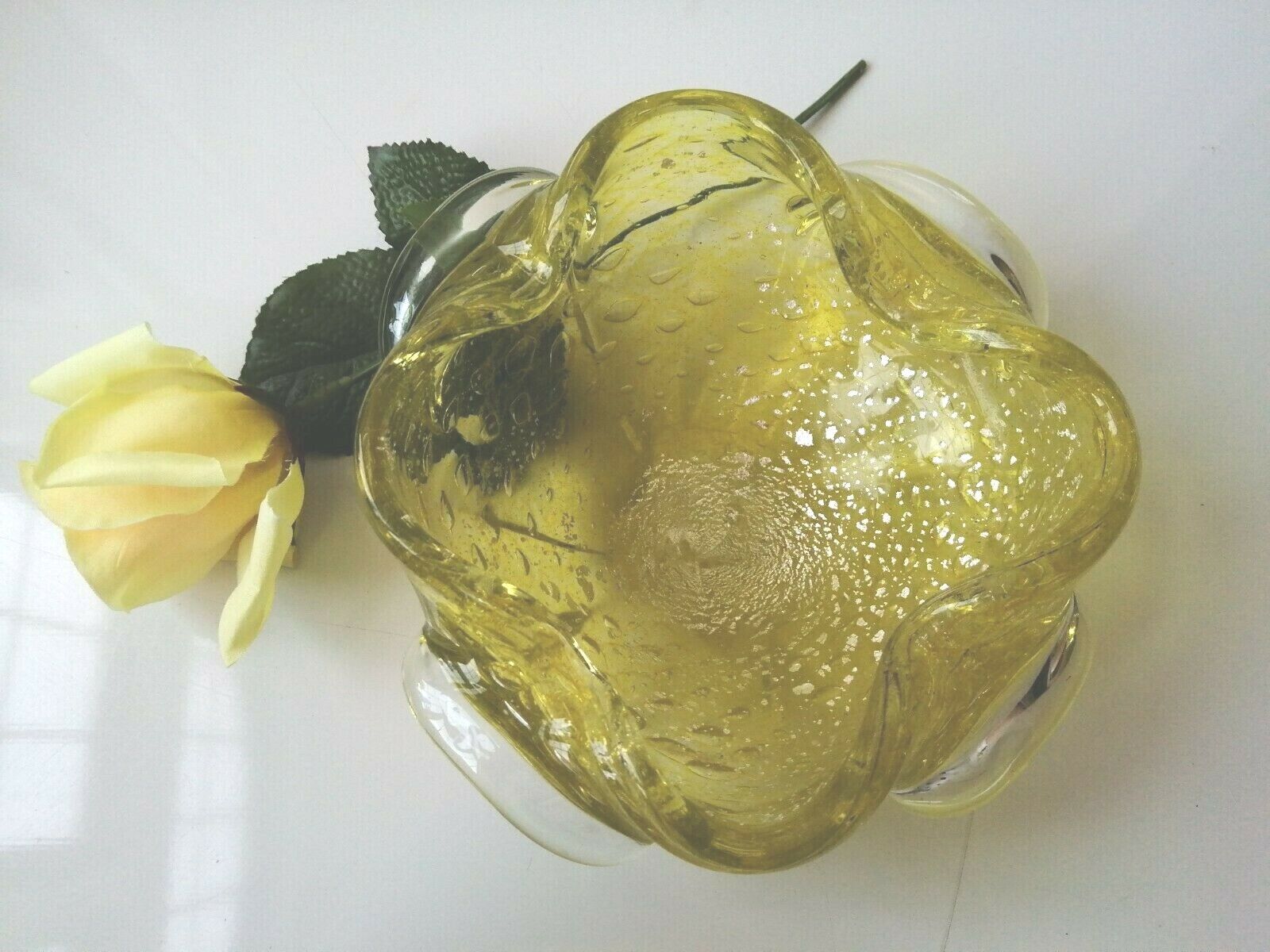 Vintage Murano bright yellow bowl with airbubbles and silver flecks1950's