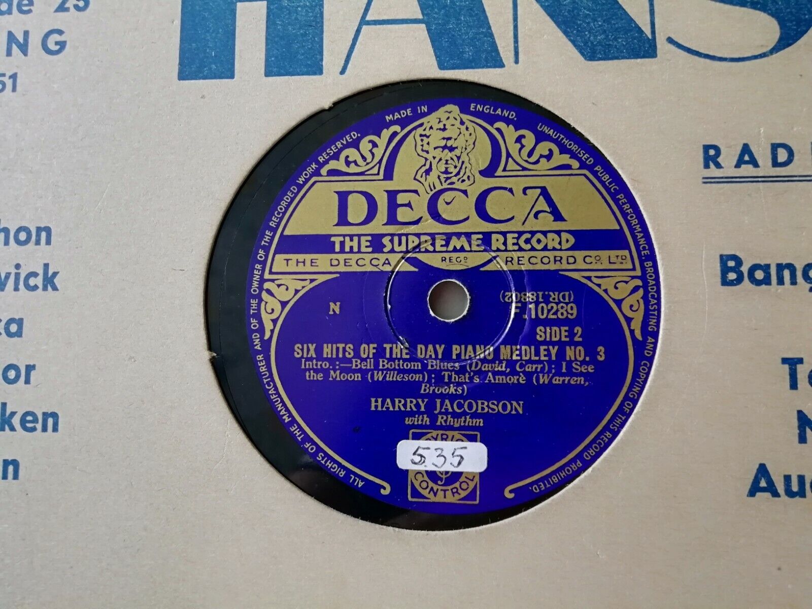 78 rpmHarry JacobsonPiano MedleySix Hits Of The Day Decca F10289