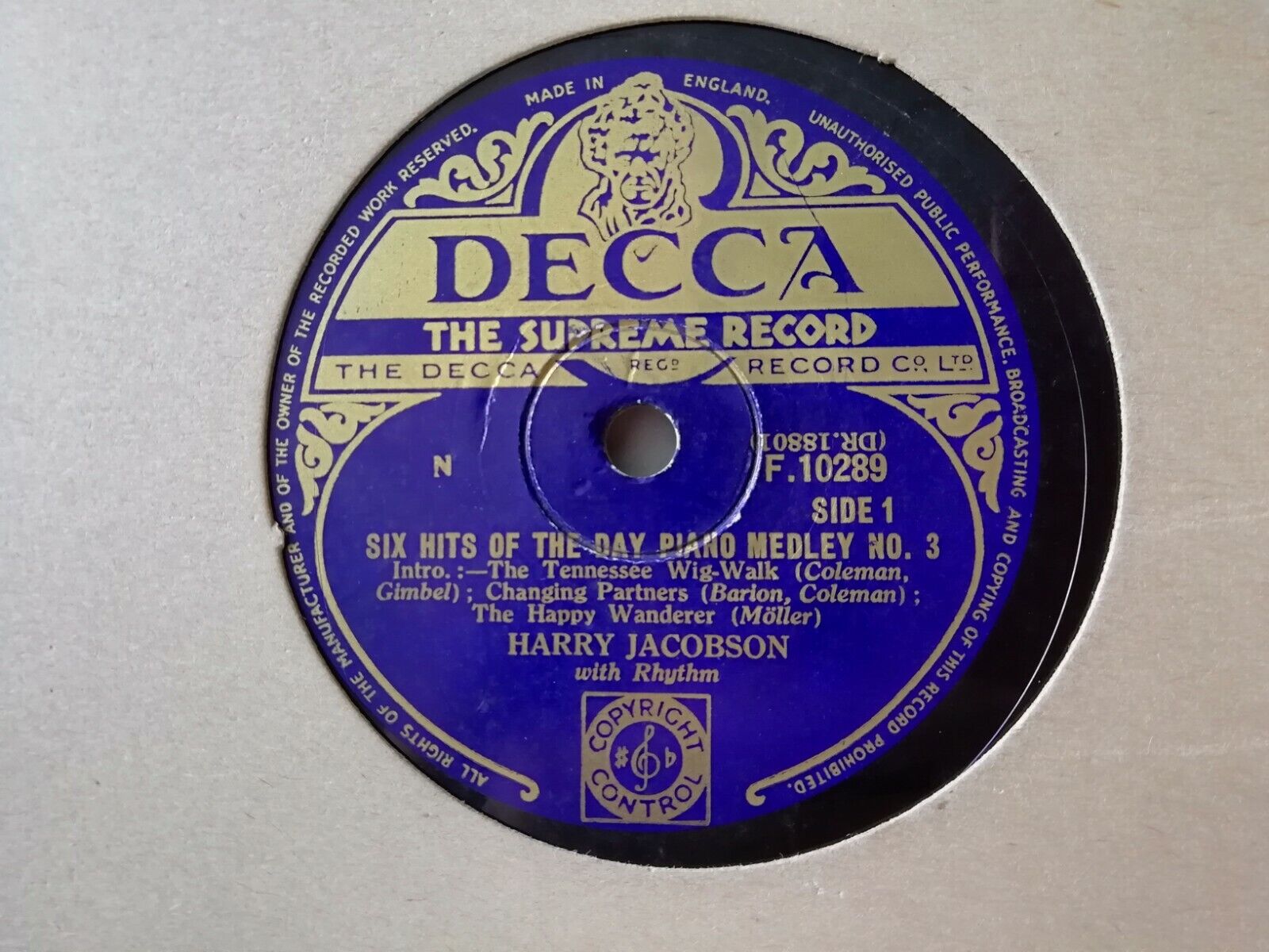 78 rpmHarry JacobsonPiano MedleySix Hits Of The Day Decca F10289