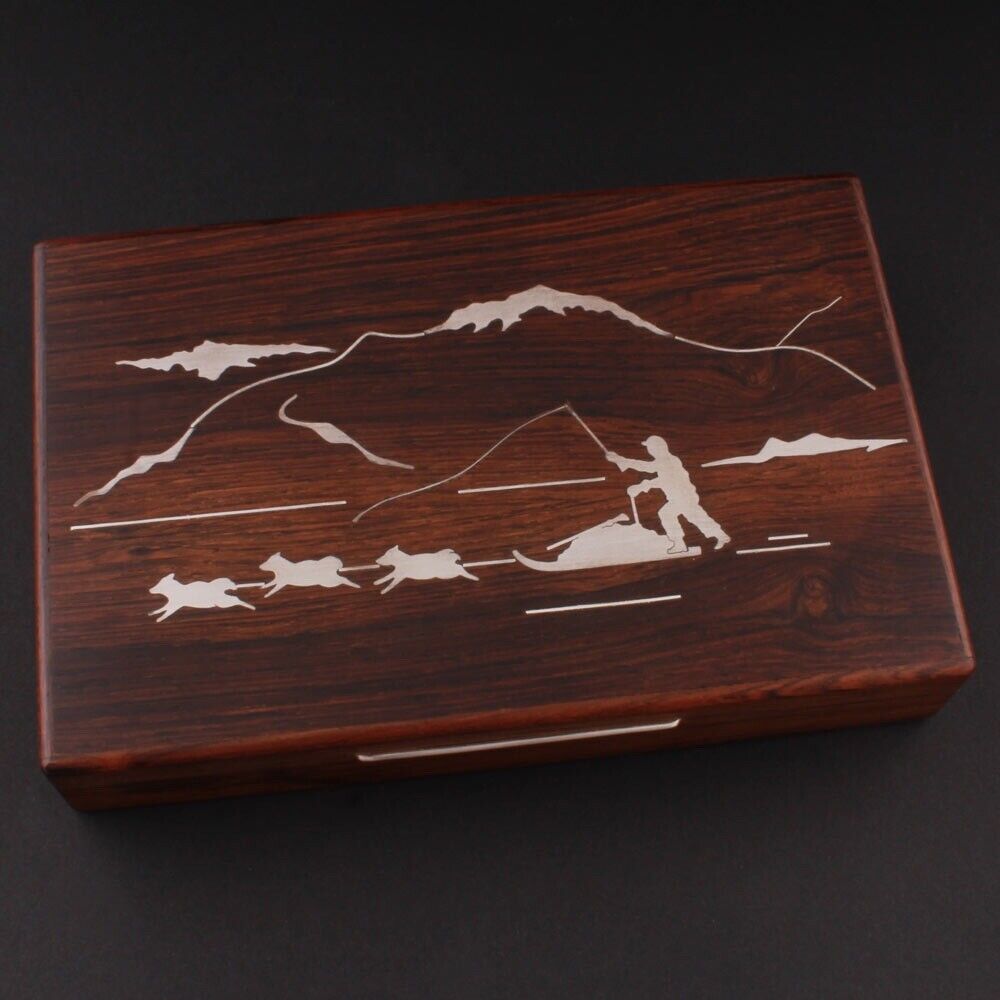 Wood Box Inlaid Silver Greenland / Dog Sled Vintage MADE IN DENMARK 1960s