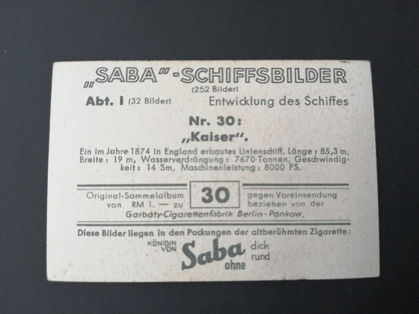 German SABA tobacco ship trading card from 1931-33No 30 "Kaiser" 1874